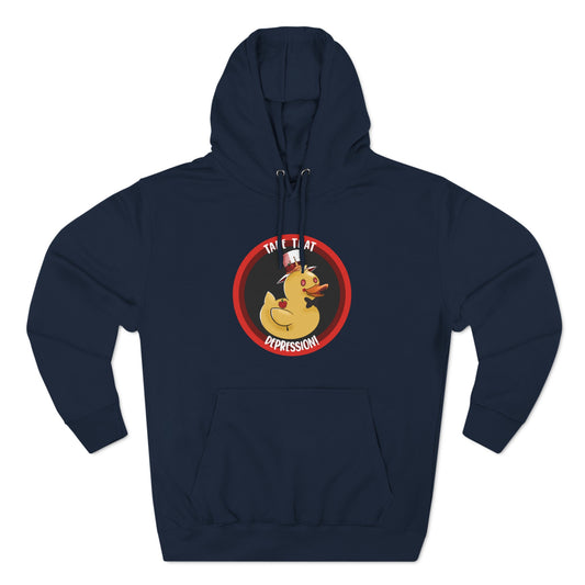 take that depression hoodie, Three-Panel Fleece Hoodie, hazbin, duck, duck shirt, take that depression, depression, hell, lucifer, hoodie, sweater, duck shirt, duck hoodie, parody,