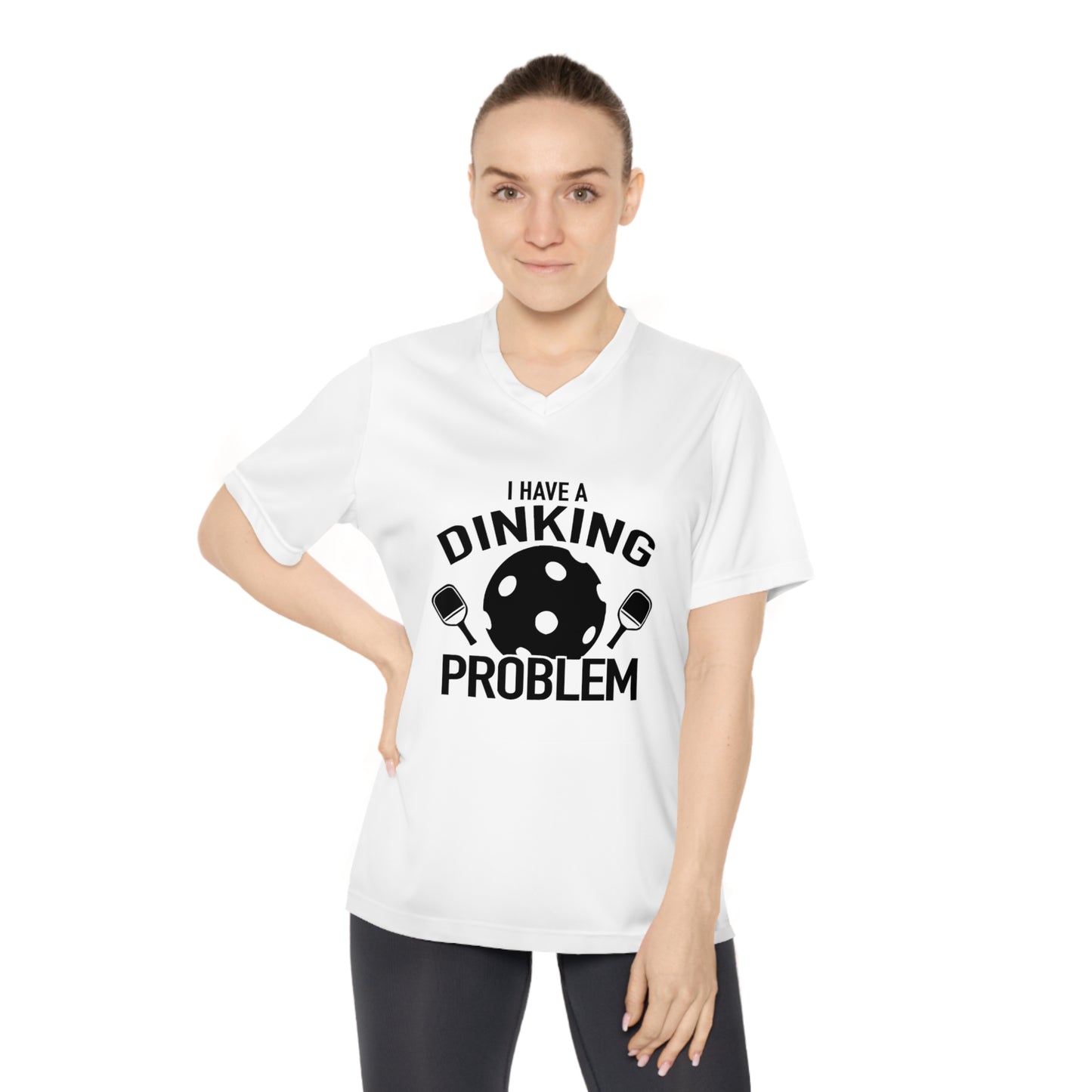 black pickleball dinking problem - Women's Performance V-Neck T-Shirt, DINKING PROBLEM, pickleball, pickle ball, workout top, workout shirt, pickleball shirt, heart, pickleball heart, I love pickleball,