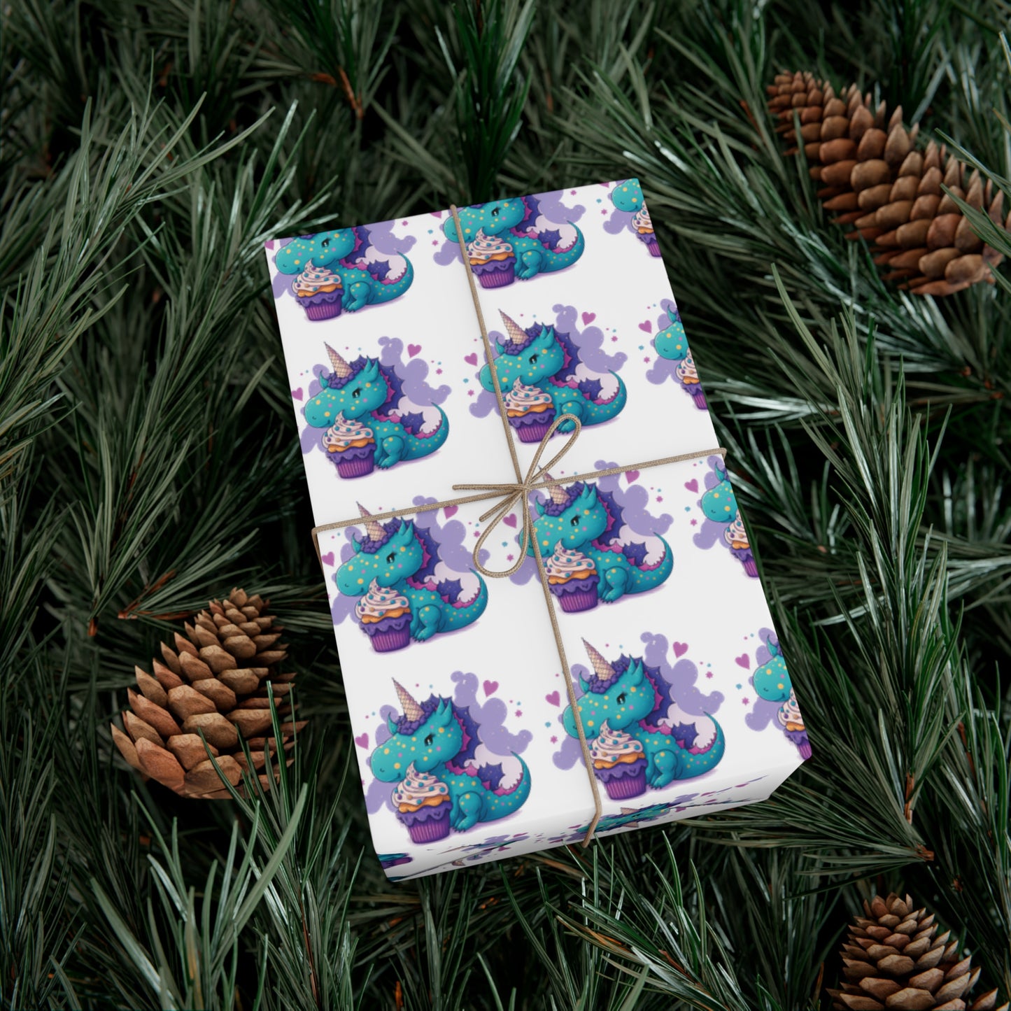 (white) cute dragon with cupcake, dragon, dragon wrapping paper, dragon gift wrap, birthday, birthday party, gift wrap, wrapping paper, happy birthday, cute dragon