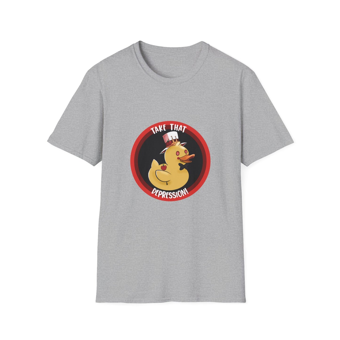 take that depression, Unisex Softstyle T-Shirt, duck, rubber duck, hotel, take that, parody, inside joke, nerdy, fancy duck