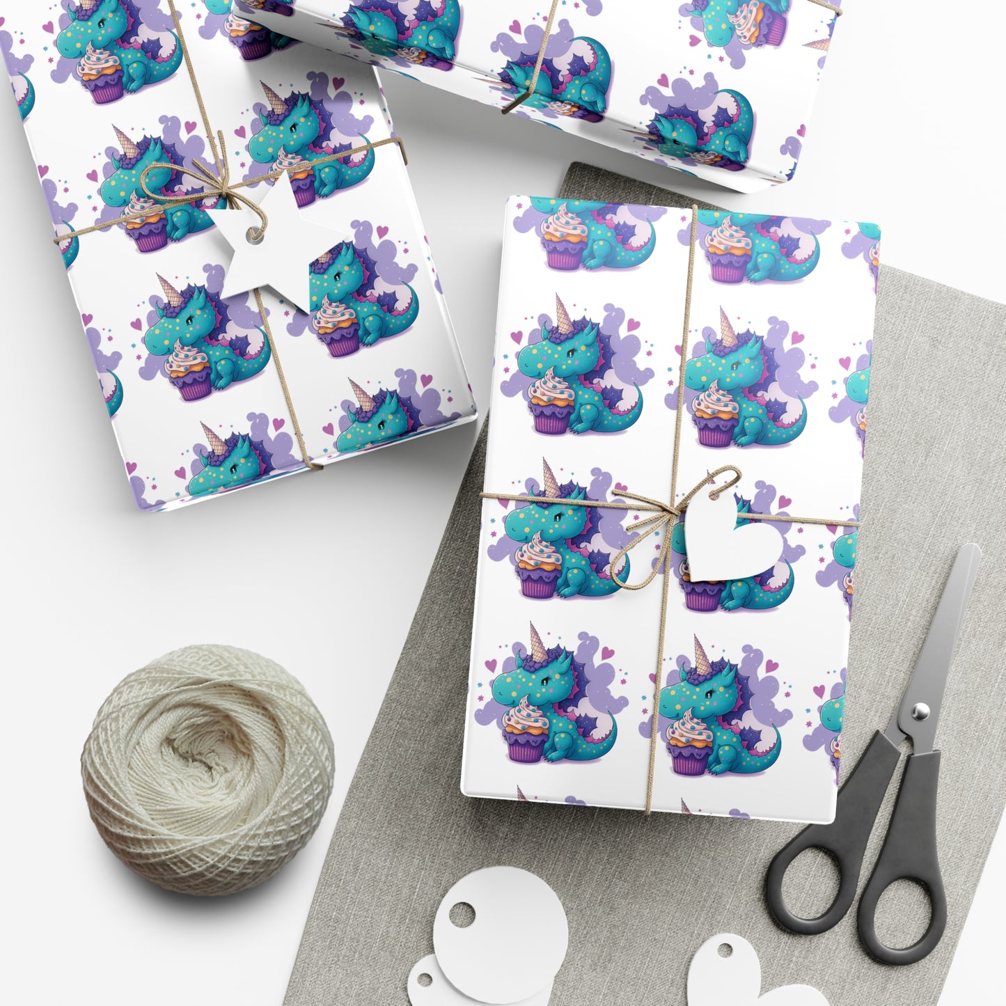 (white) cute dragon with cupcake, dragon, dragon wrapping paper, dragon gift wrap, birthday, birthday party, gift wrap, wrapping paper, happy birthday, cute dragon