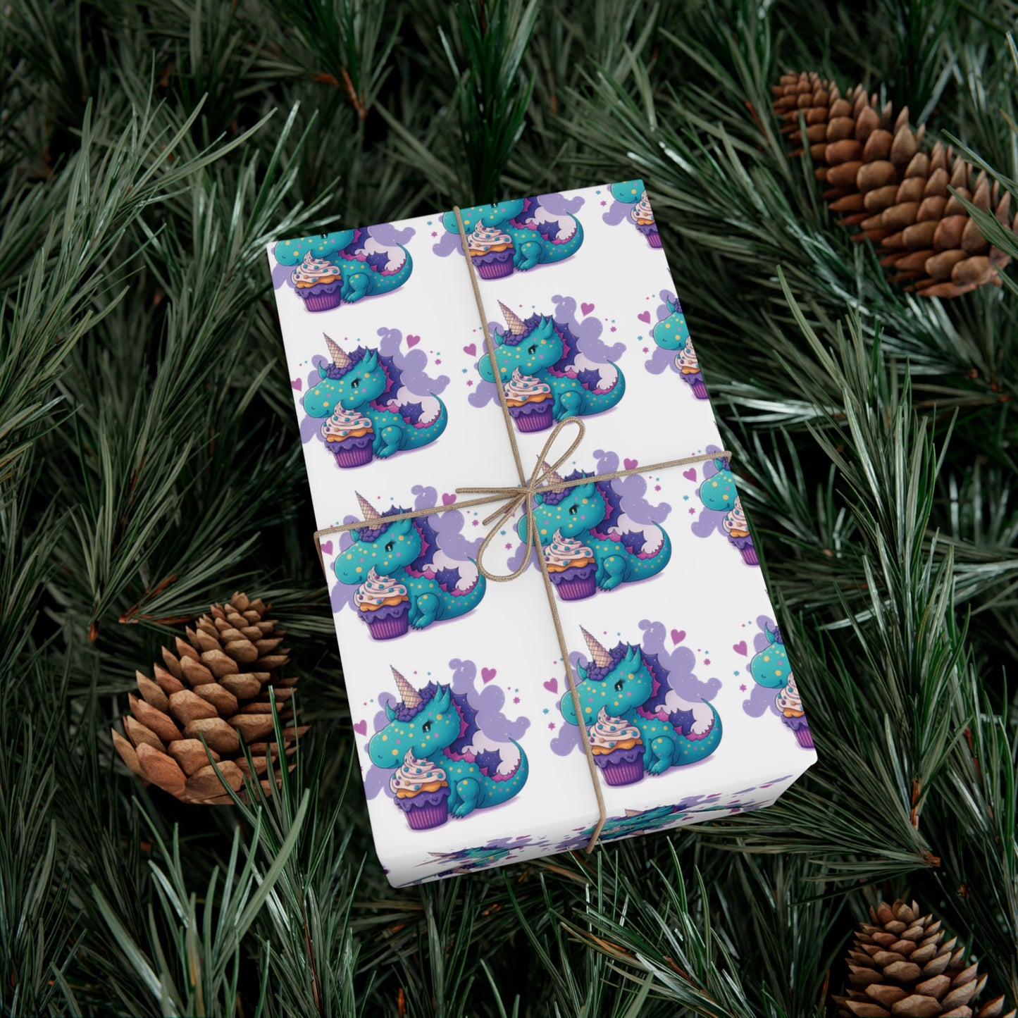 (white) cute dragon with cupcake, dragon, dragon wrapping paper, dragon gift wrap, birthday, birthday party, gift wrap, wrapping paper, happy birthday, cute dragon