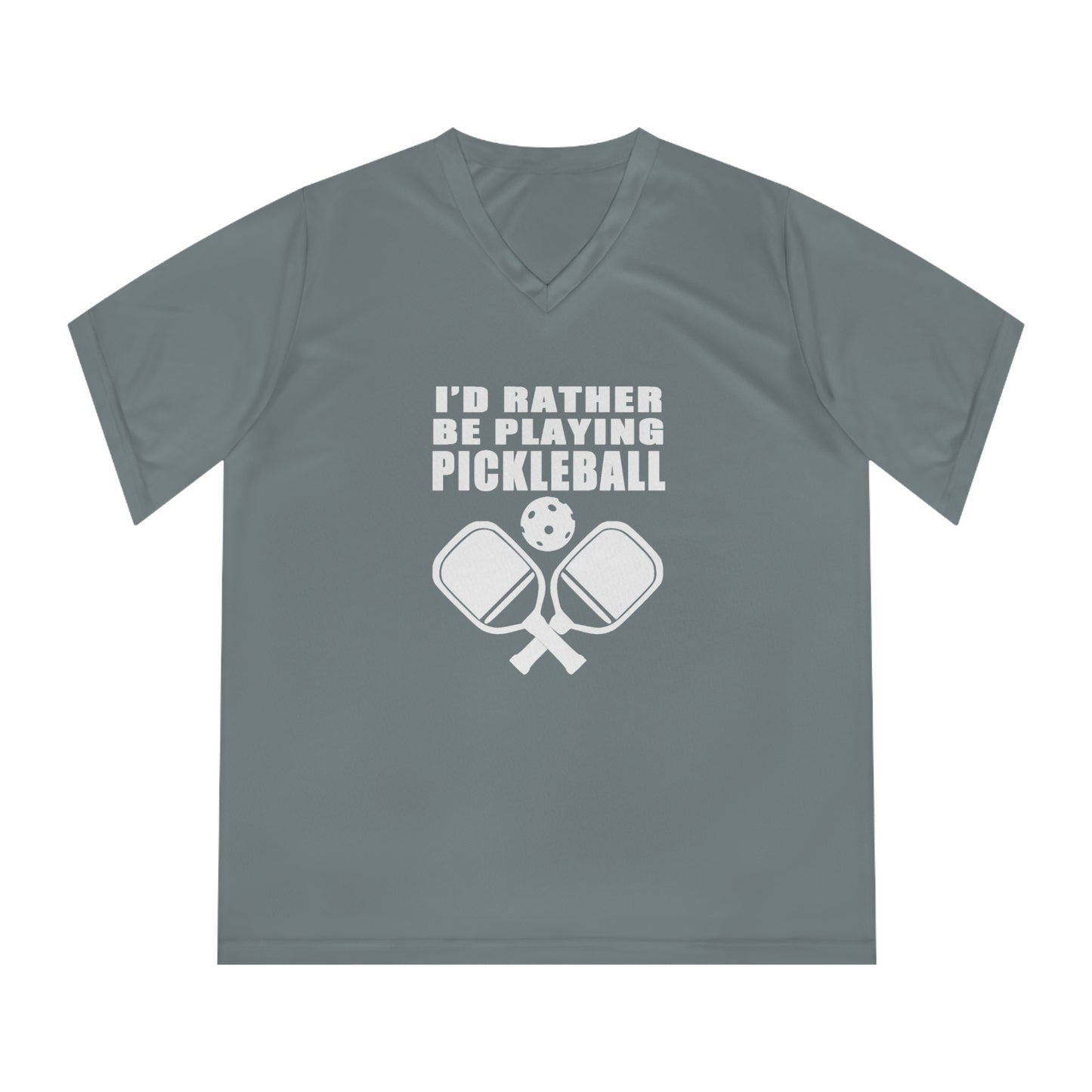 white pickleball I'd rather be playing - Women's Performance V-Neck T-Shirt, ID RATHER BE PLAYING, pickleball, pickle ball, workout top, workout shirt, pickleball shirt, heart, pickleball heart, I love pickleball,