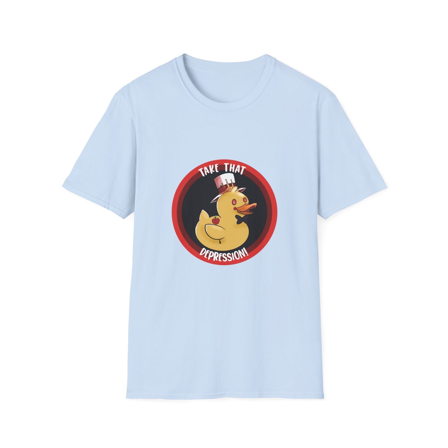 take that depression, Unisex Softstyle T-Shirt, duck, rubber duck, hotel, take that, parody, inside joke, nerdy, fancy duck