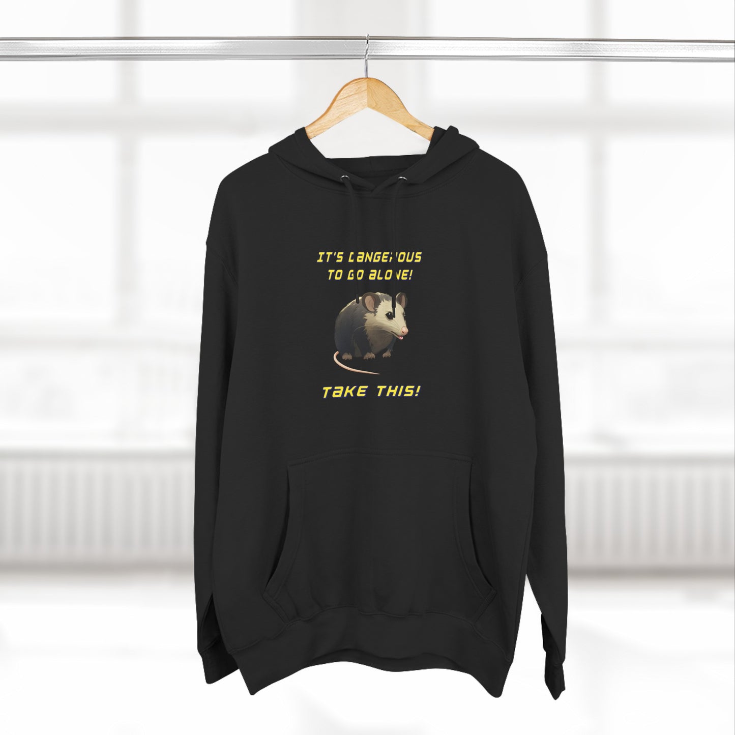 it's dangerous to go alone, hoodie, Three-Panel Fleece Hoodie, opossum, possum, oppi, possum hoodie, opossum hoodie, possum love, nerdy