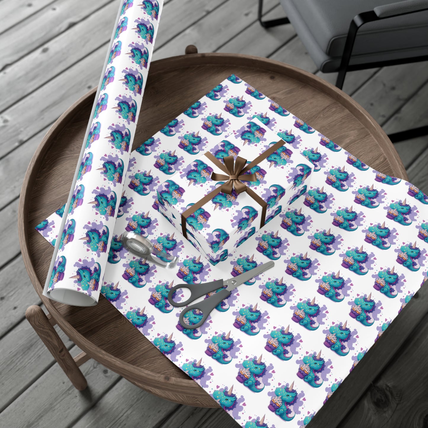 (white) cute dragon with cupcake, dragon, dragon wrapping paper, dragon gift wrap, birthday, birthday party, gift wrap, wrapping paper, happy birthday, cute dragon