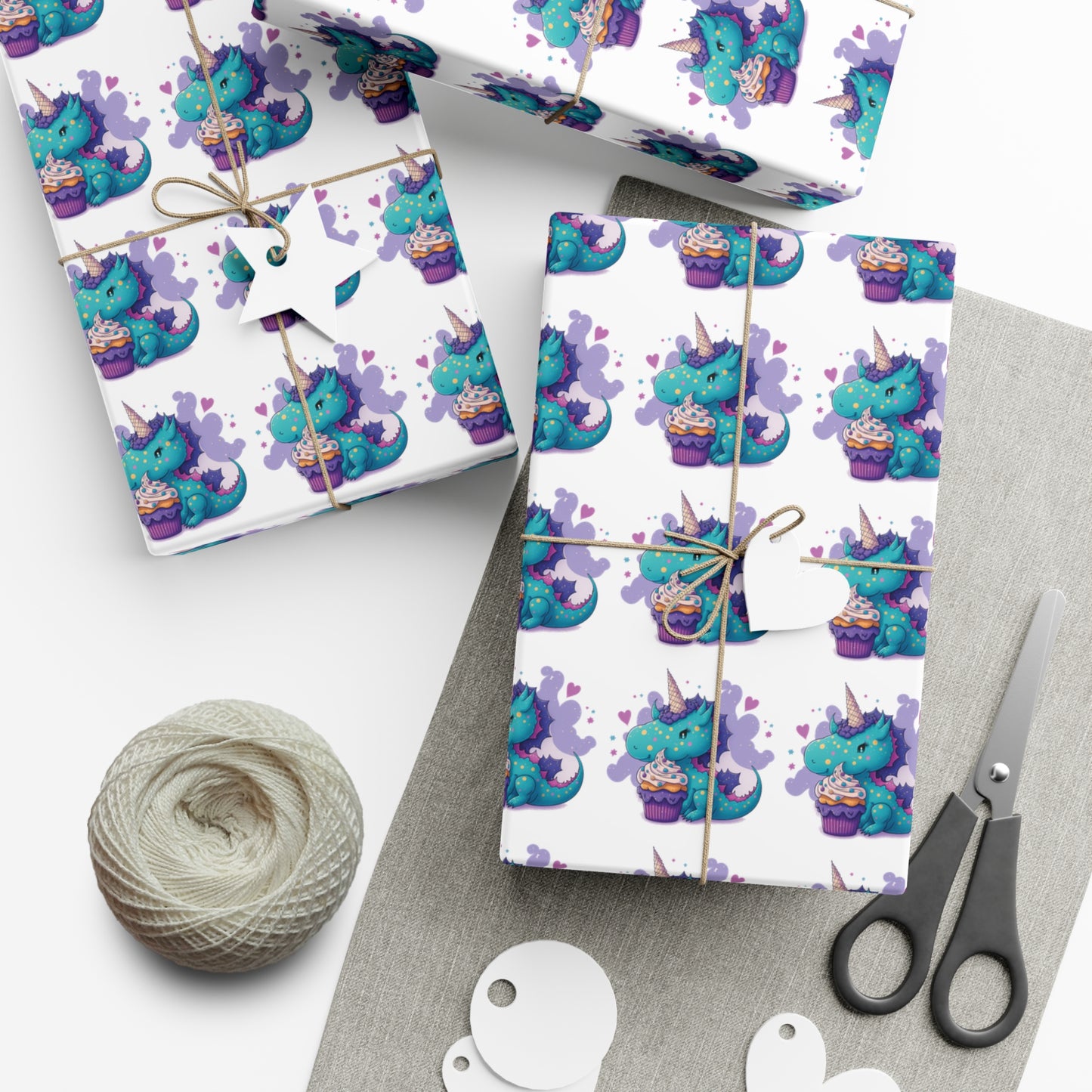 (white) cute dragon with cupcake, dragon, dragon wrapping paper, dragon gift wrap, birthday, birthday party, gift wrap, wrapping paper, happy birthday, cute dragon