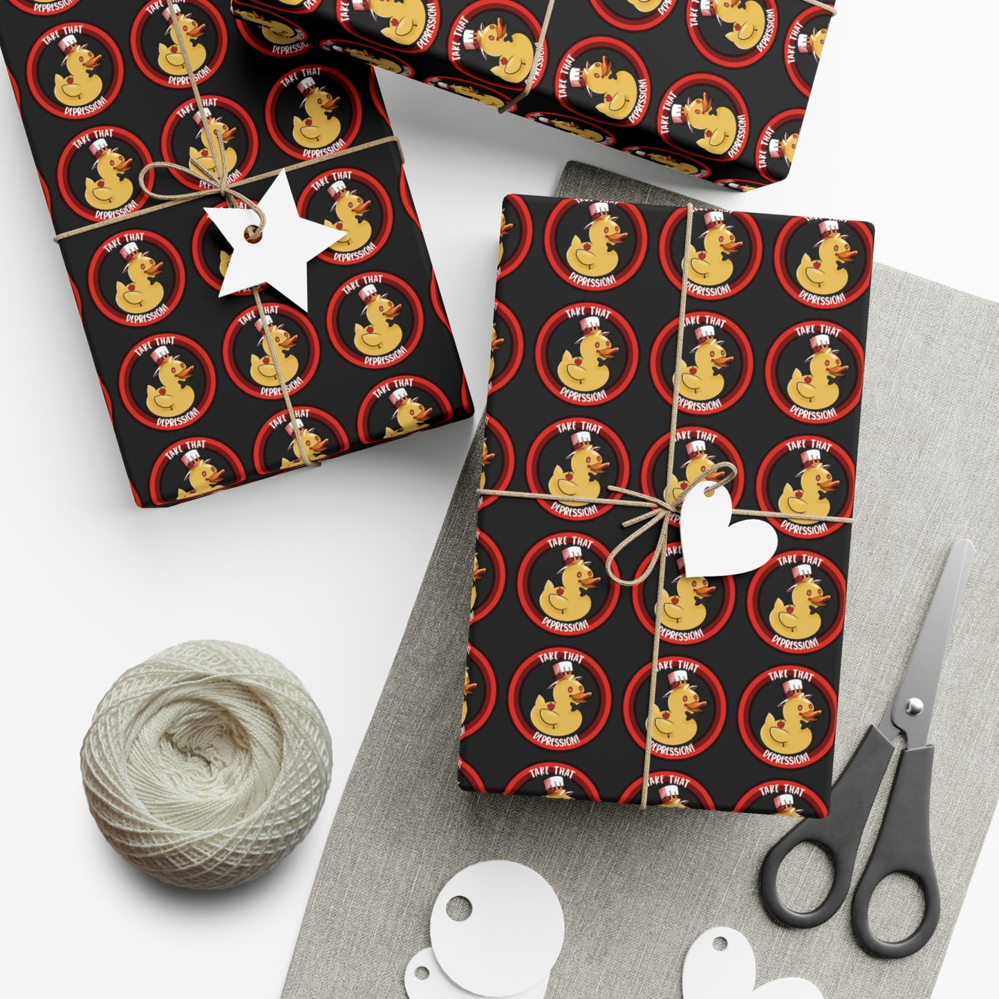 (black background) take that depression gift wrap, take that depression, take that depression wrapping paper, wrapping paper, gift wrap, rubber duck, rubber duckey, duck, parody, inside joke