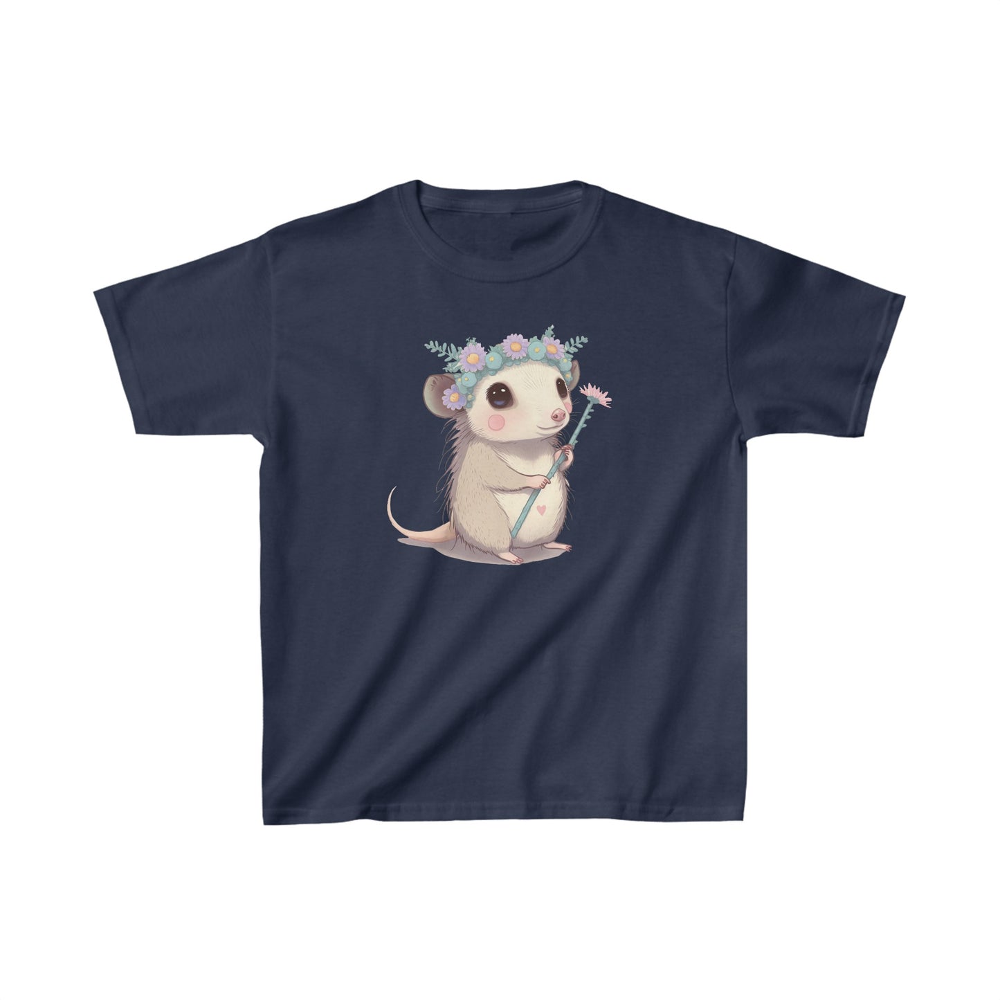 Sweet opossum - Kids Heavy Cotton™ Tee, possum, opossum, flower crown, flower, princess, sweet, cute, flowers, cute shirt, girls, wildlife, nature