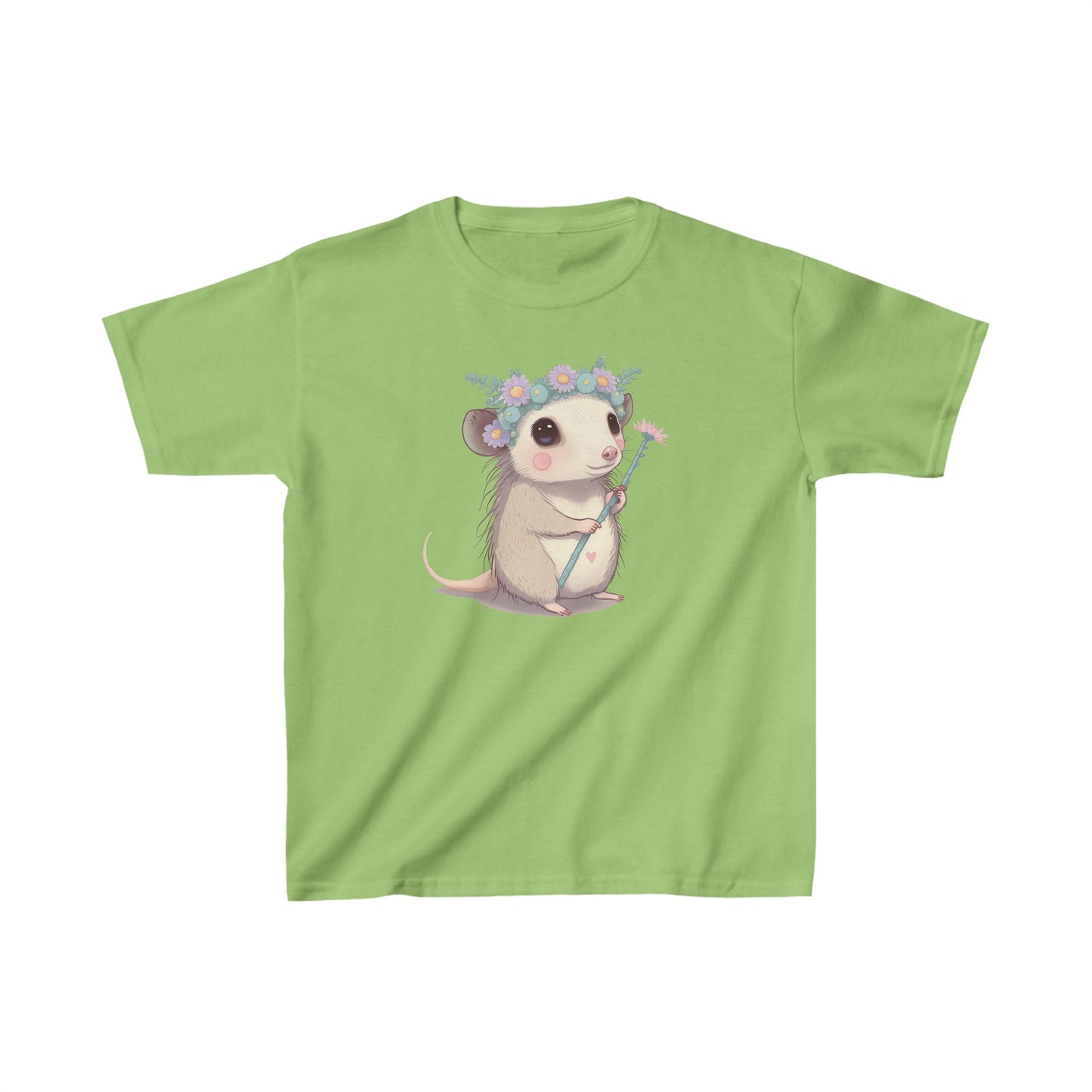 Sweet opossum - Kids Heavy Cotton™ Tee, possum, opossum, flower crown, flower, princess, sweet, cute, flowers, cute shirt, girls, wildlife, nature