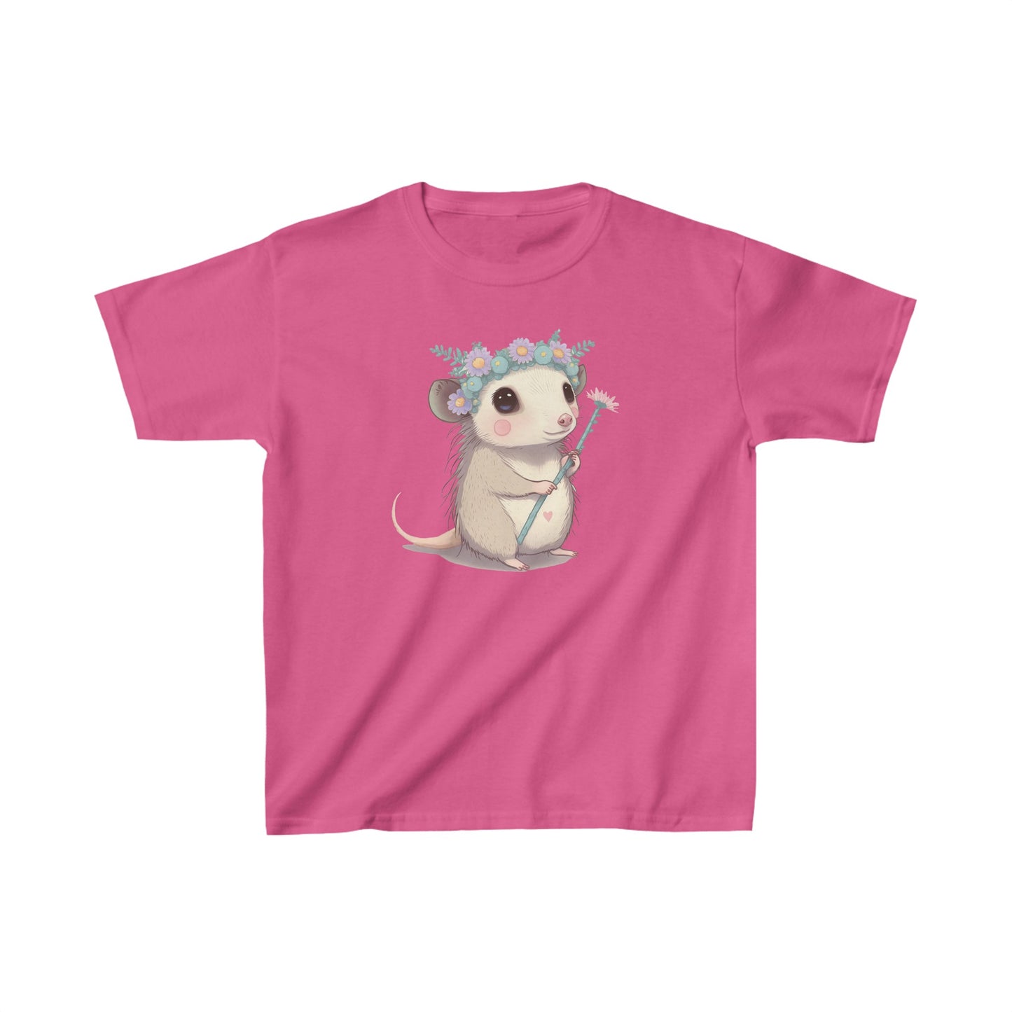 Sweet opossum - Kids Heavy Cotton™ Tee, possum, opossum, flower crown, flower, princess, sweet, cute, flowers, cute shirt, girls, wildlife, nature