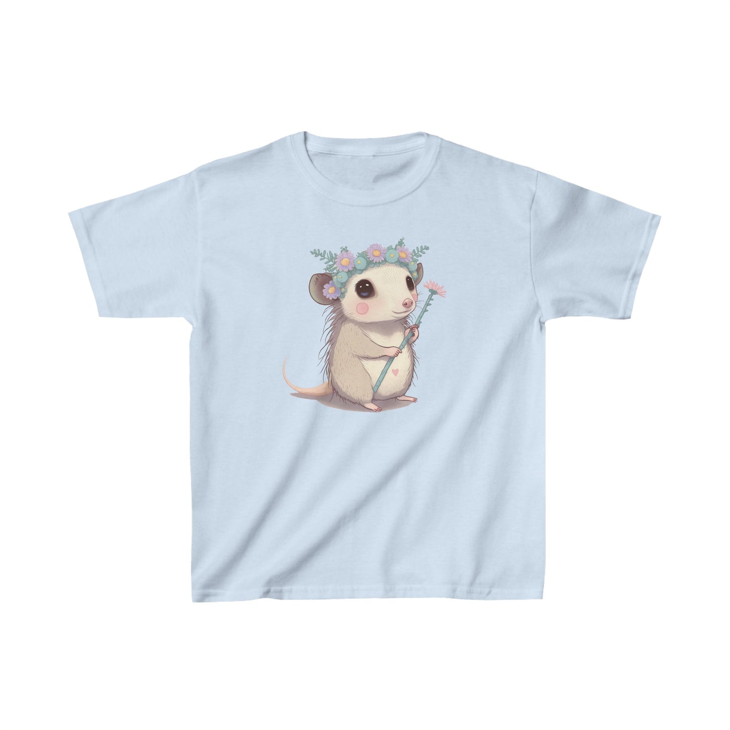 Sweet opossum - Kids Heavy Cotton™ Tee, possum, opossum, flower crown, flower, princess, sweet, cute, flowers, cute shirt, girls, wildlife, nature