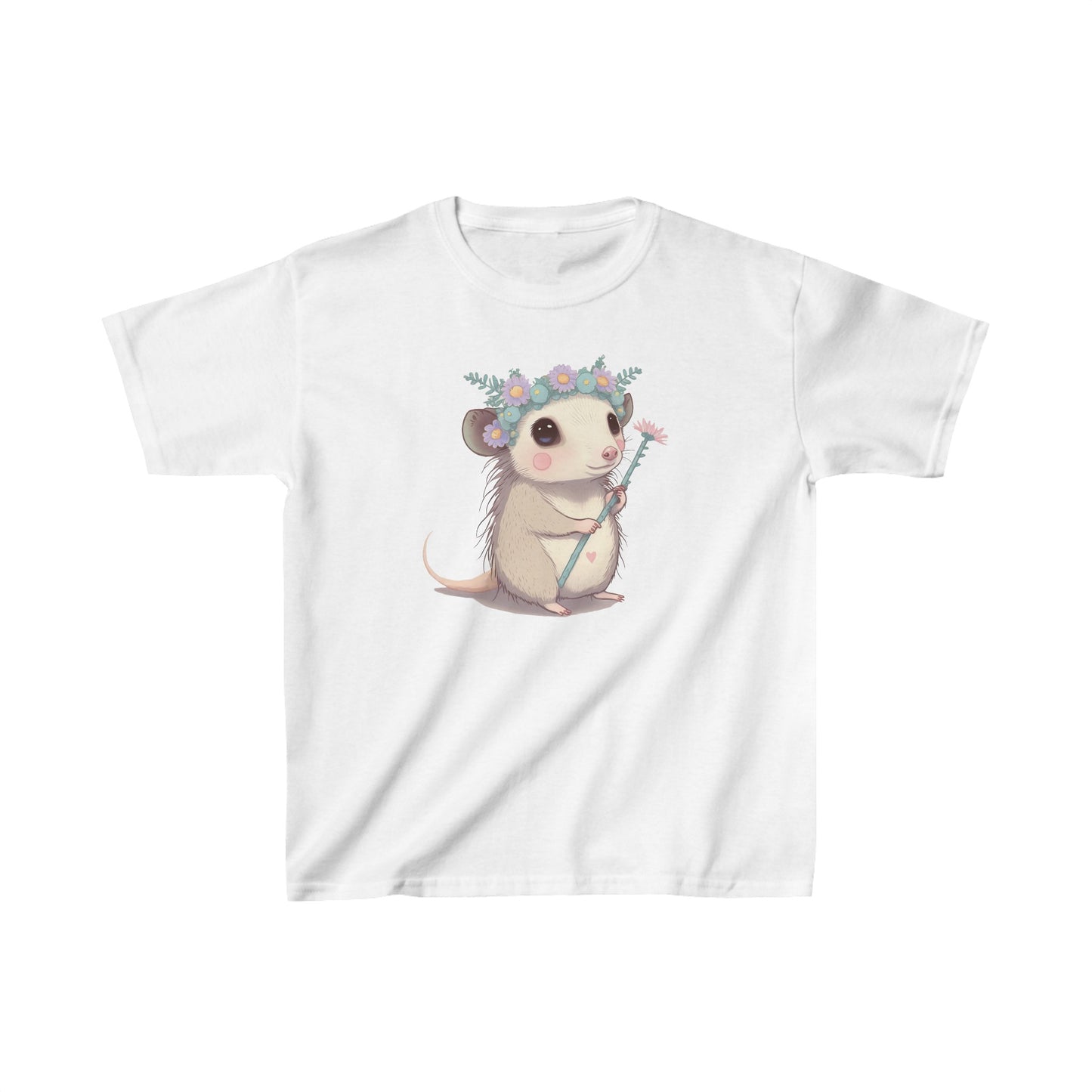 Sweet opossum - Kids Heavy Cotton™ Tee, possum, opossum, flower crown, flower, princess, sweet, cute, flowers, cute shirt, girls, wildlife, nature