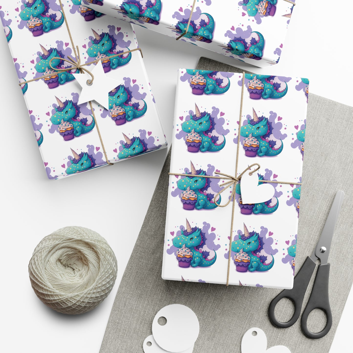 (white) cute dragon with cupcake, dragon, dragon wrapping paper, dragon gift wrap, birthday, birthday party, gift wrap, wrapping paper, happy birthday, cute dragon