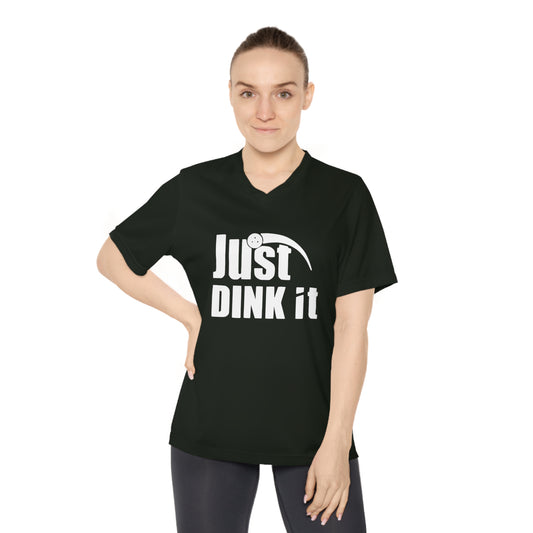 white pickleball just dink it  - Women's Performance V-Neck T-Shirt, JUST DINK IT, pun, punny, pickleball, pickle ball, workout top, workout shirt, pickleball shirt, I love pickleball,