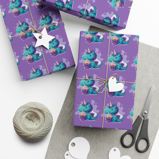 (purple) cute dragon with cupcake, dragon, dragon wrapping paper, dragon gift wrap, birthday, birthday party, gift wrap, wrapping paper, happy birthday, cute dragon