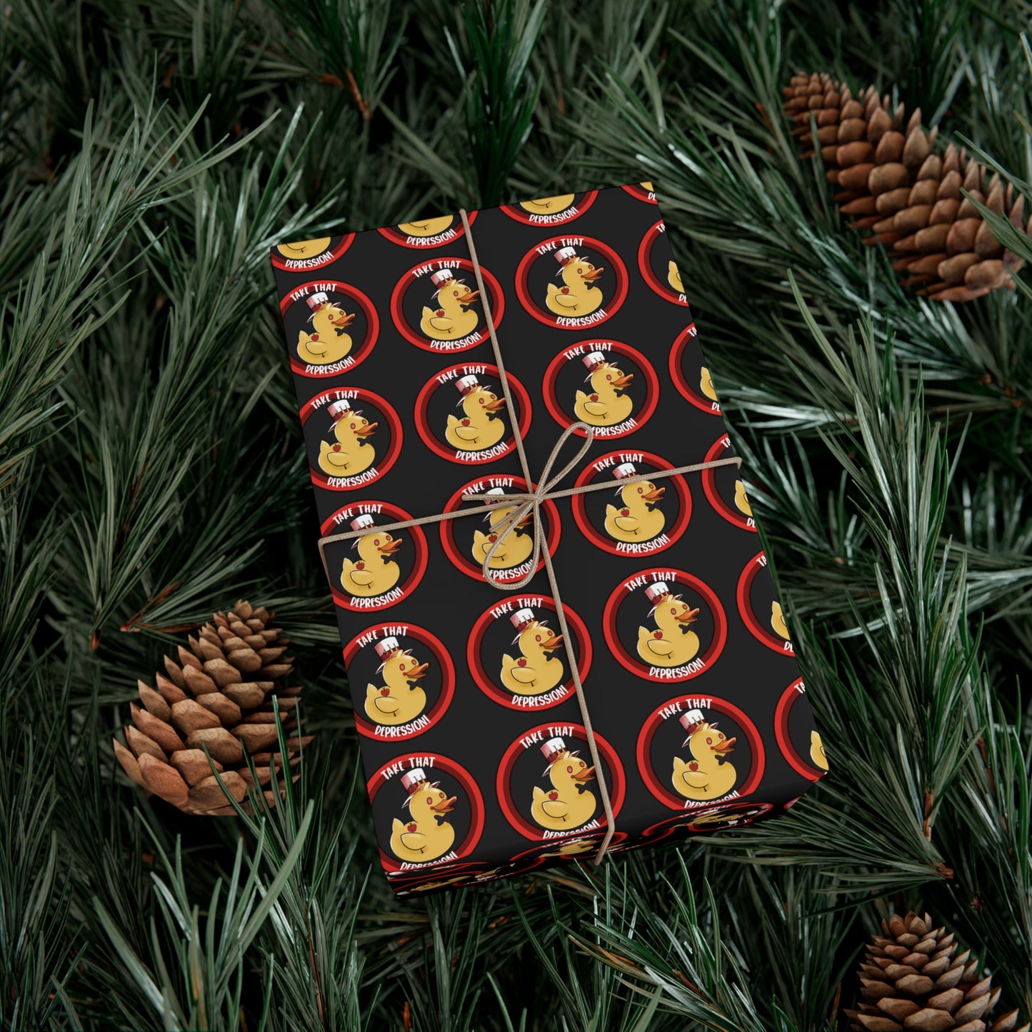 (black background) take that depression gift wrap, take that depression, take that depression wrapping paper, wrapping paper, gift wrap, rubber duck, rubber duckey, duck, parody, inside joke