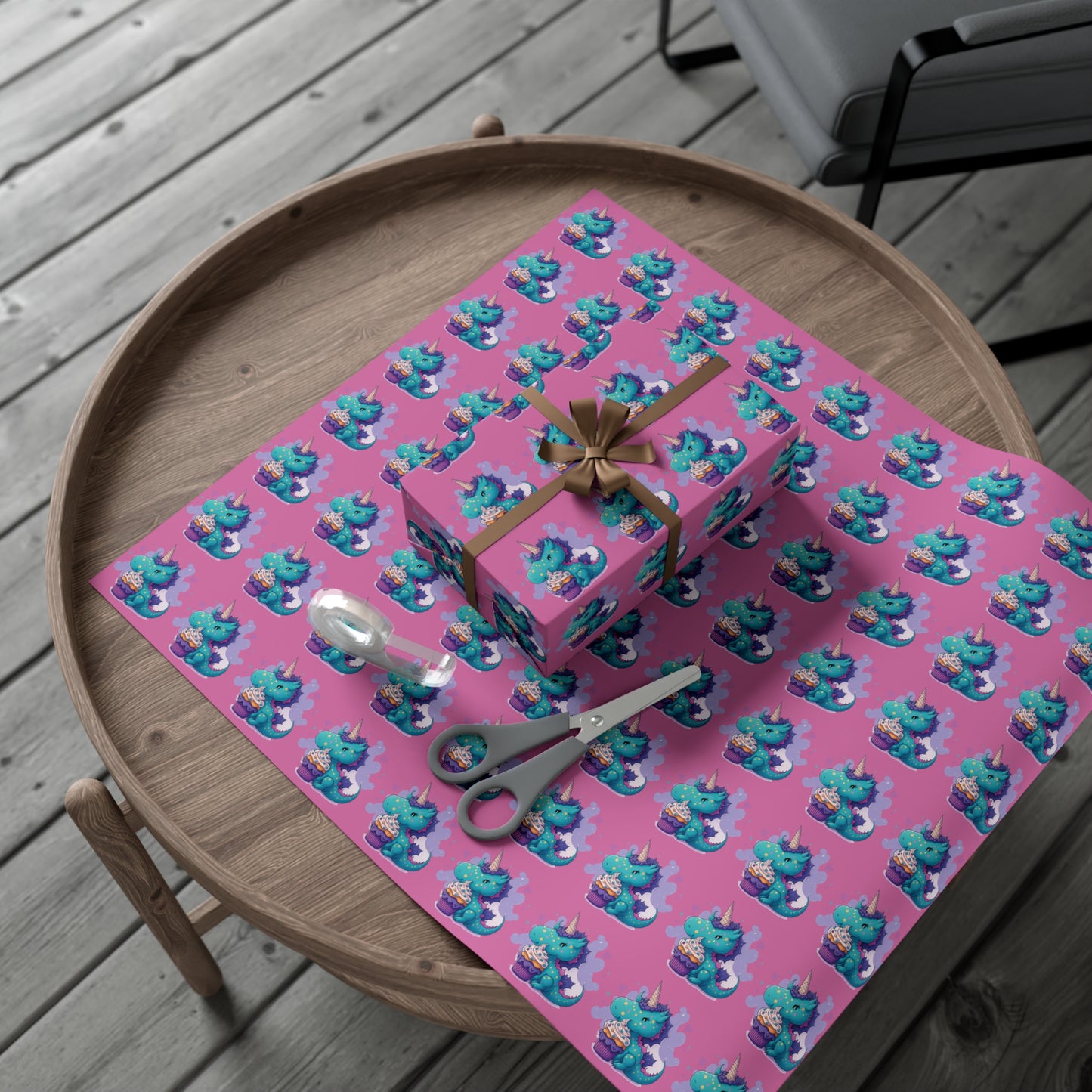 (pink) cute dragon with cupcake, dragon, dragon wrapping paper, dragon gift wrap, birthday, birthday party, gift wrap, wrapping paper, happy birthday, cute dragon