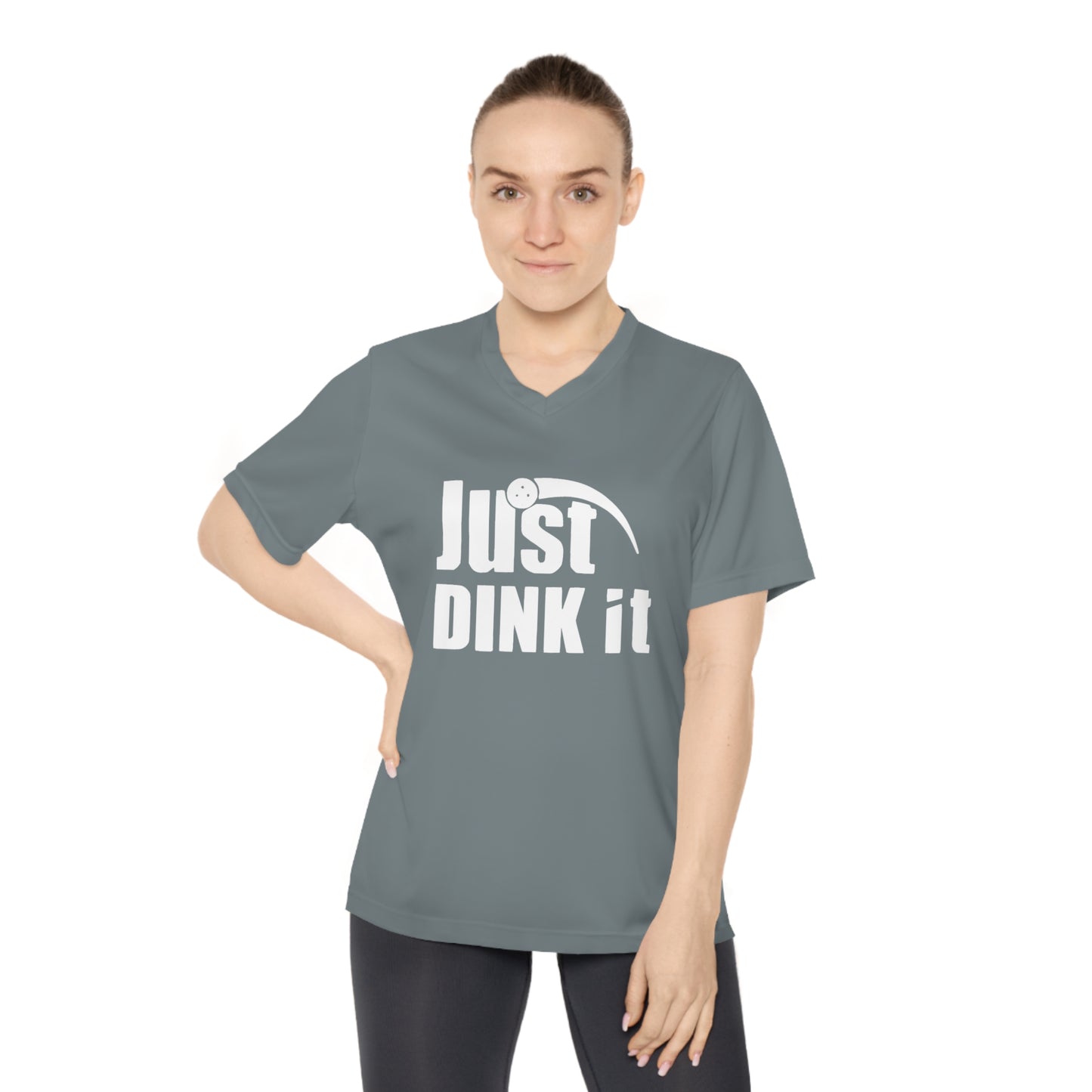 white pickleball just dink it  - Women's Performance V-Neck T-Shirt, JUST DINK IT, pun, punny, pickleball, pickle ball, workout top, workout shirt, pickleball shirt, I love pickleball,