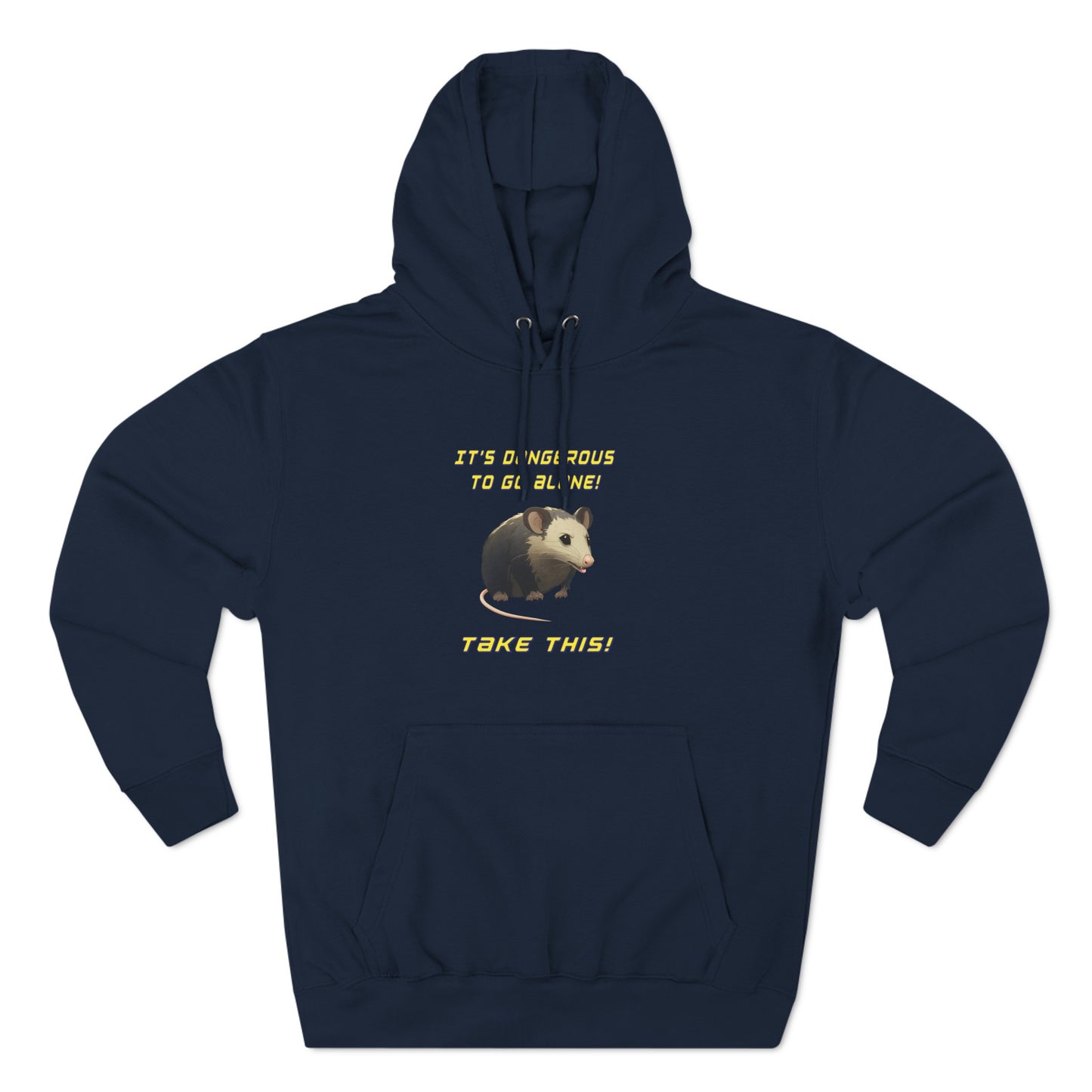 it's dangerous to go alone, hoodie, Three-Panel Fleece Hoodie, opossum, possum, oppi, possum hoodie, opossum hoodie, possum love, nerdy