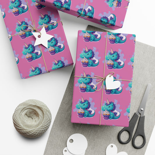 (pink) cute dragon with cupcake, dragon, dragon wrapping paper, dragon gift wrap, birthday, birthday party, gift wrap, wrapping paper, happy birthday, cute dragon