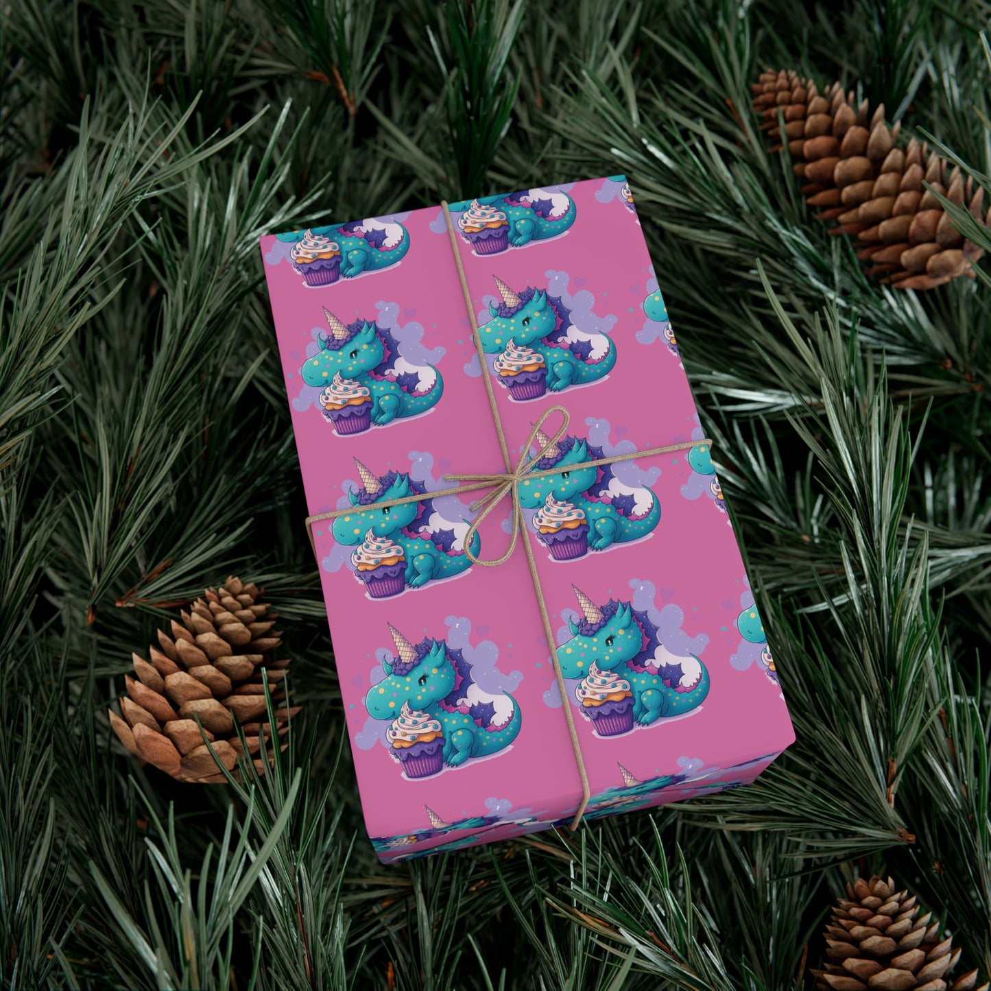 (pink) cute dragon with cupcake, dragon, dragon wrapping paper, dragon gift wrap, birthday, birthday party, gift wrap, wrapping paper, happy birthday, cute dragon