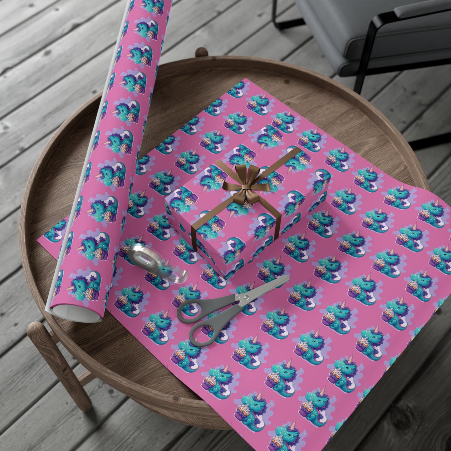 (pink) cute dragon with cupcake, dragon, dragon wrapping paper, dragon gift wrap, birthday, birthday party, gift wrap, wrapping paper, happy birthday, cute dragon