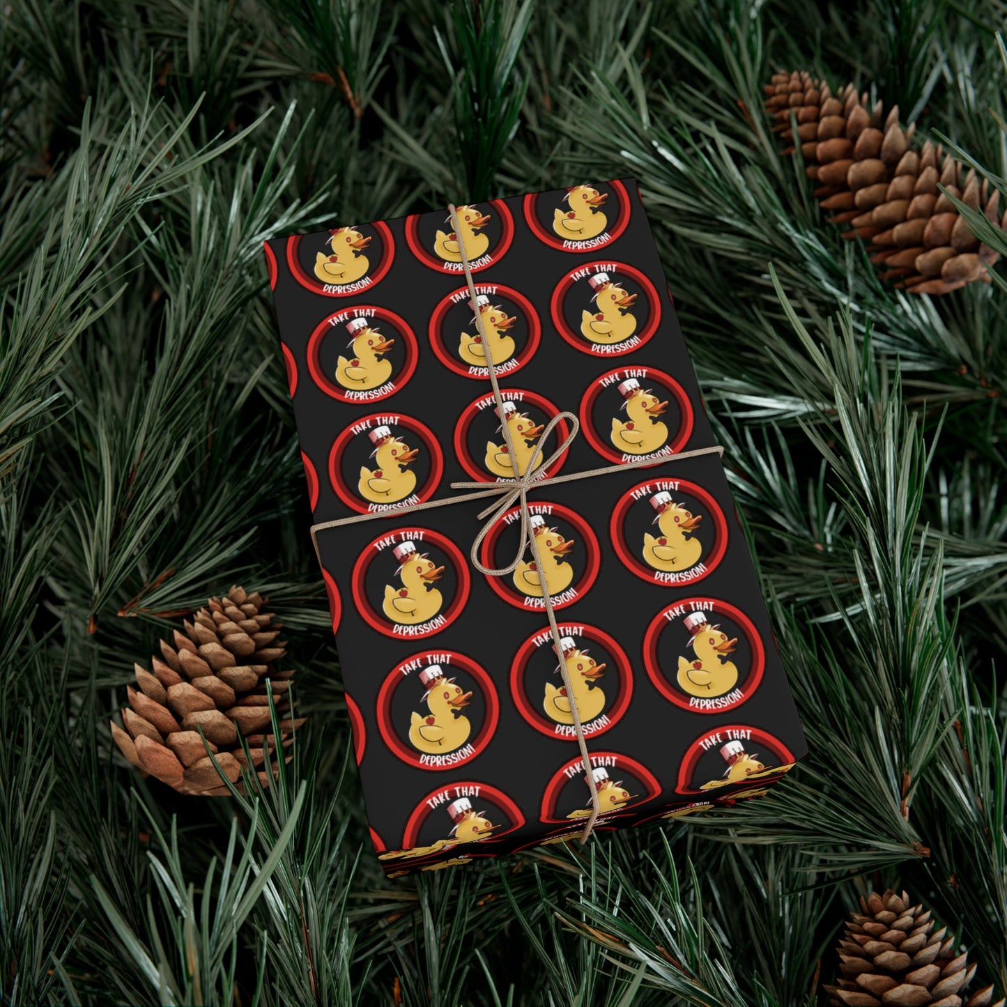 (black background) take that depression gift wrap, take that depression, take that depression wrapping paper, wrapping paper, gift wrap, rubber duck, rubber duckey, duck, parody, inside joke