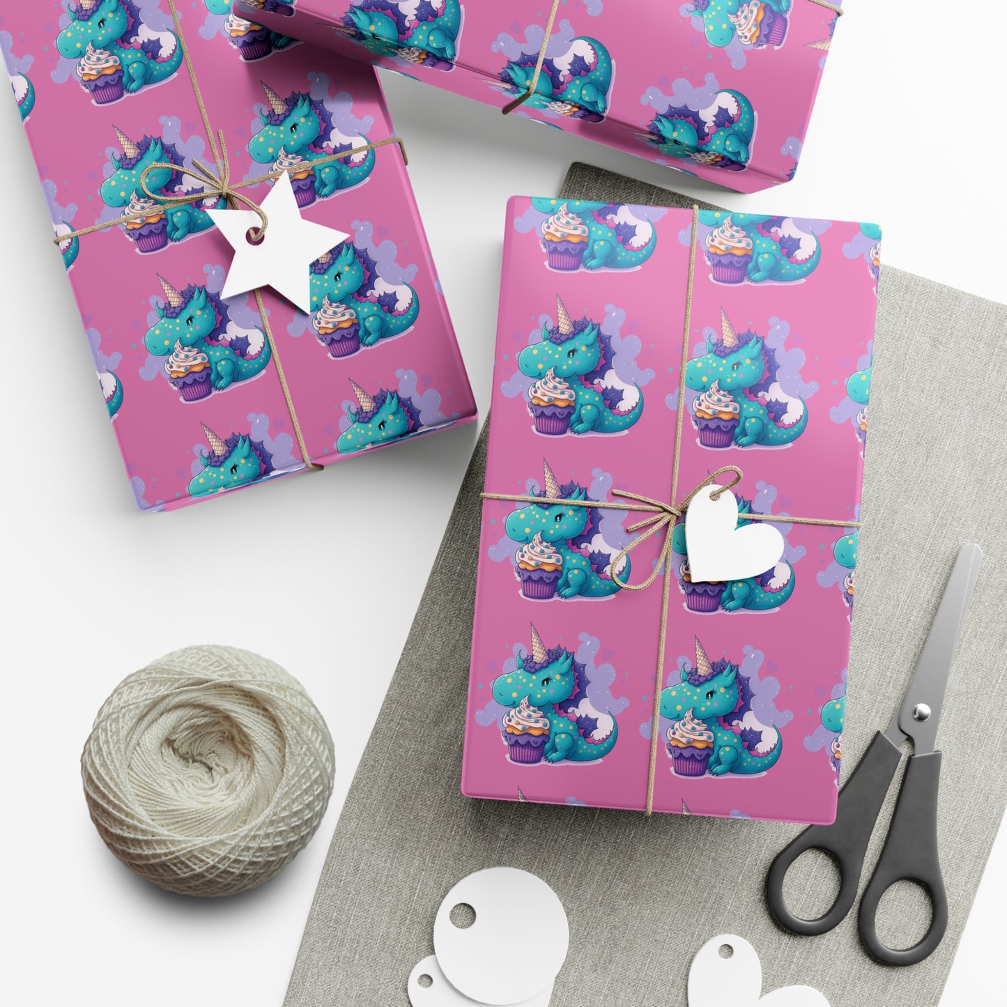 (pink) cute dragon with cupcake, dragon, dragon wrapping paper, dragon gift wrap, birthday, birthday party, gift wrap, wrapping paper, happy birthday, cute dragon