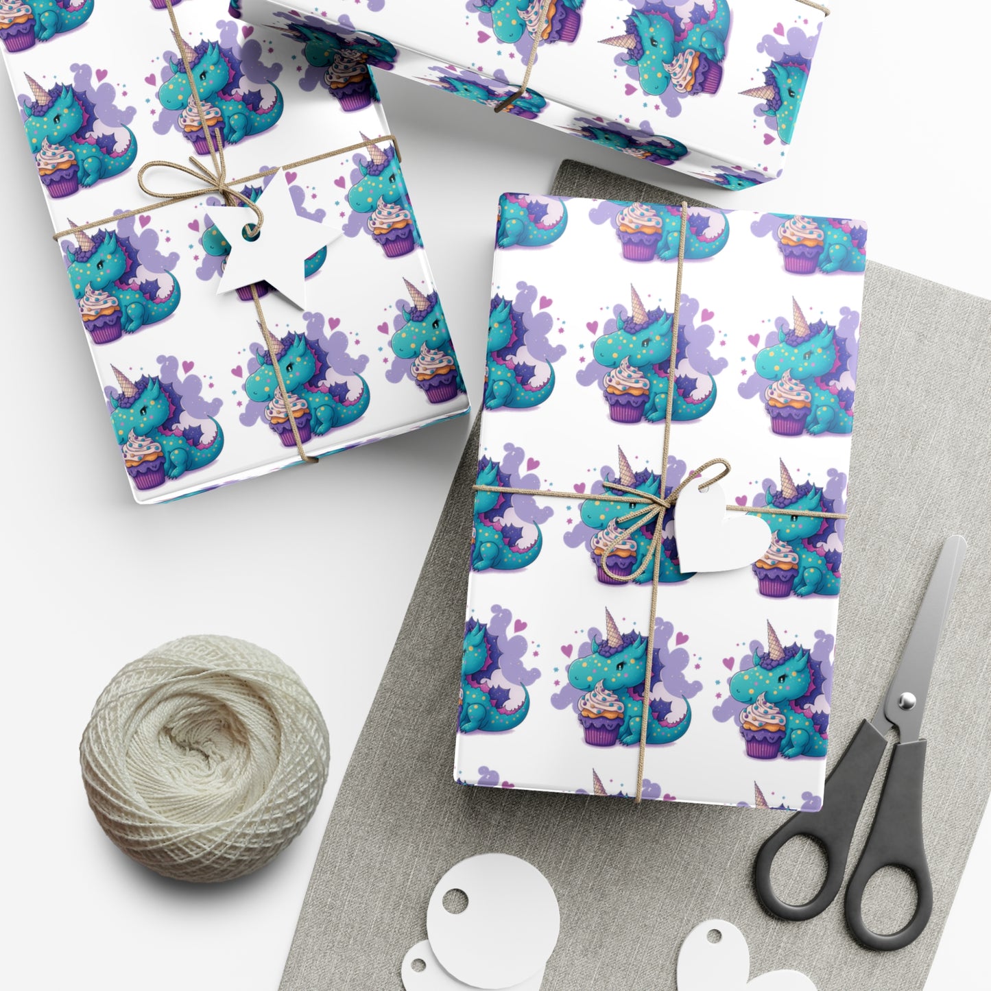 (white) cute dragon with cupcake, dragon, dragon wrapping paper, dragon gift wrap, birthday, birthday party, gift wrap, wrapping paper, happy birthday, cute dragon