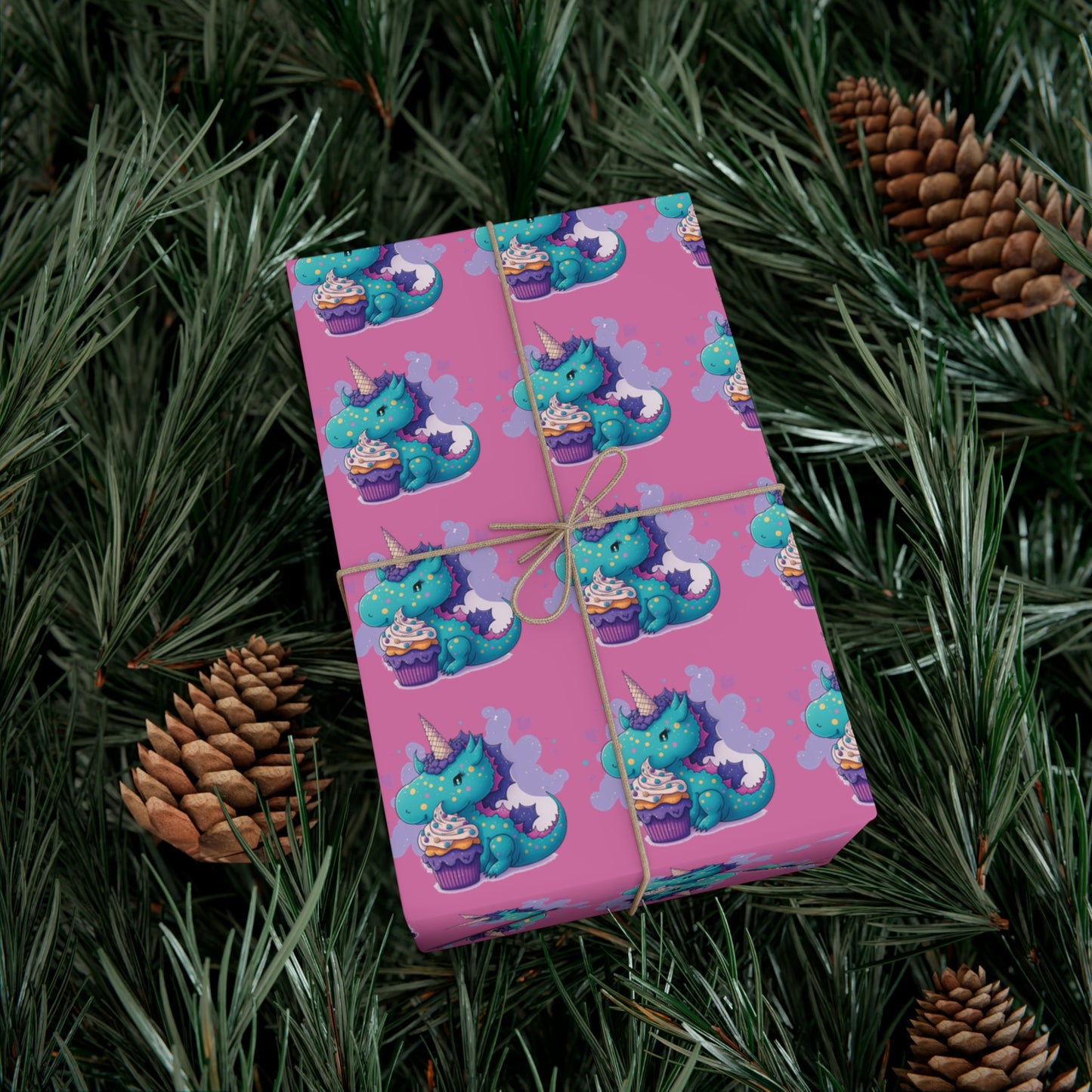 (pink) cute dragon with cupcake, dragon, dragon wrapping paper, dragon gift wrap, birthday, birthday party, gift wrap, wrapping paper, happy birthday, cute dragon