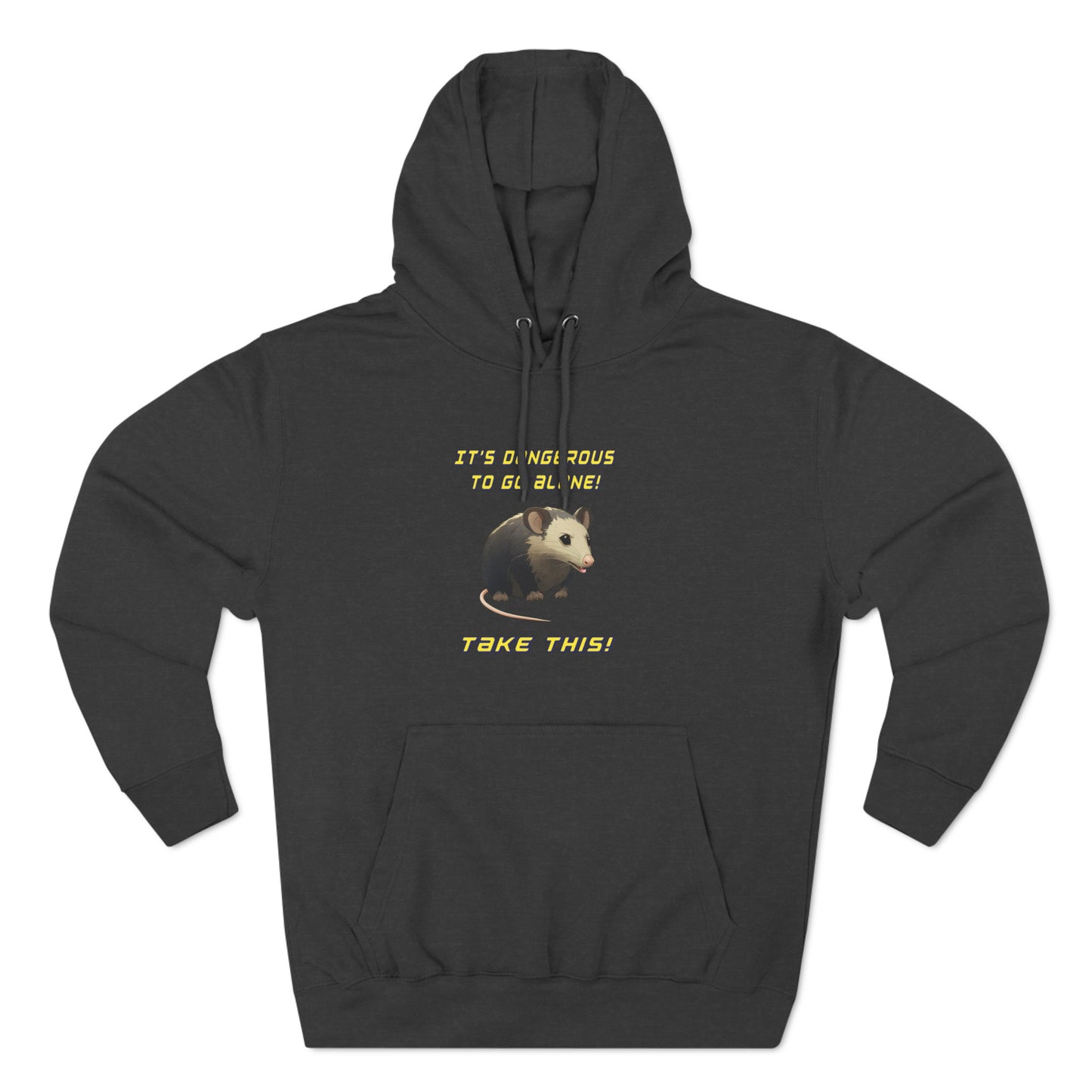 it's dangerous to go alone, hoodie, Three-Panel Fleece Hoodie, opossum, possum, oppi, possum hoodie, opossum hoodie, possum love, nerdy