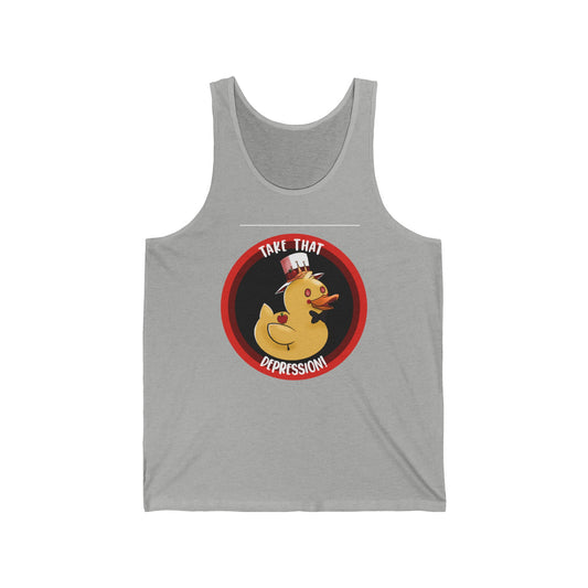 take that depression tank, Unisex Jersey Tank, tank top, hazbin, lucifer, duck, rubber duck, take that depression, anti depression, take that depression tank, hotel