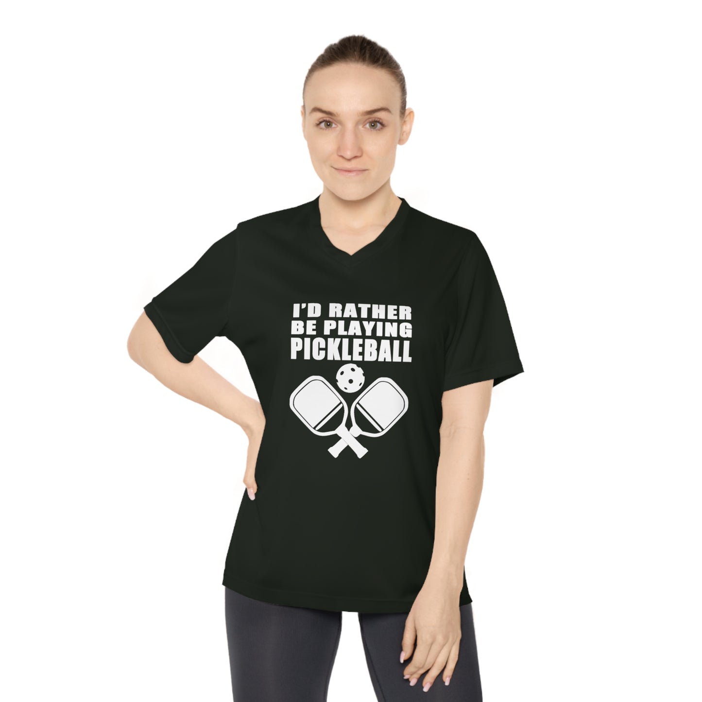 white pickleball I'd rather be playing - Women's Performance V-Neck T-Shirt, ID RATHER BE PLAYING, pickleball, pickle ball, workout top, workout shirt, pickleball shirt, heart, pickleball heart, I love pickleball,