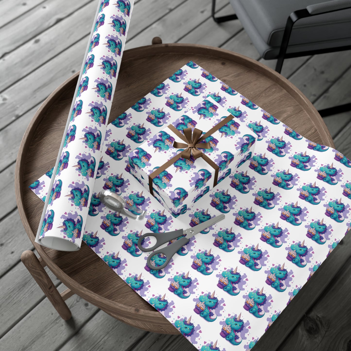 (white) cute dragon with cupcake, dragon, dragon wrapping paper, dragon gift wrap, birthday, birthday party, gift wrap, wrapping paper, happy birthday, cute dragon