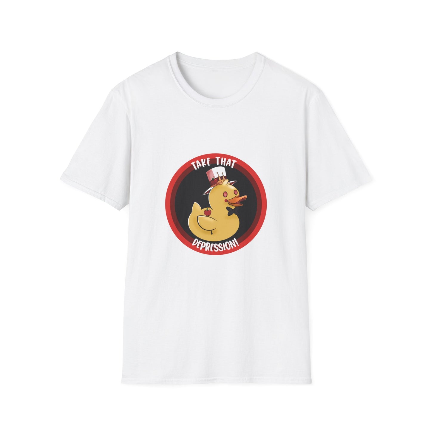 take that depression, Unisex Softstyle T-Shirt, duck, rubber duck, hotel, take that, parody, inside joke, nerdy, fancy duck