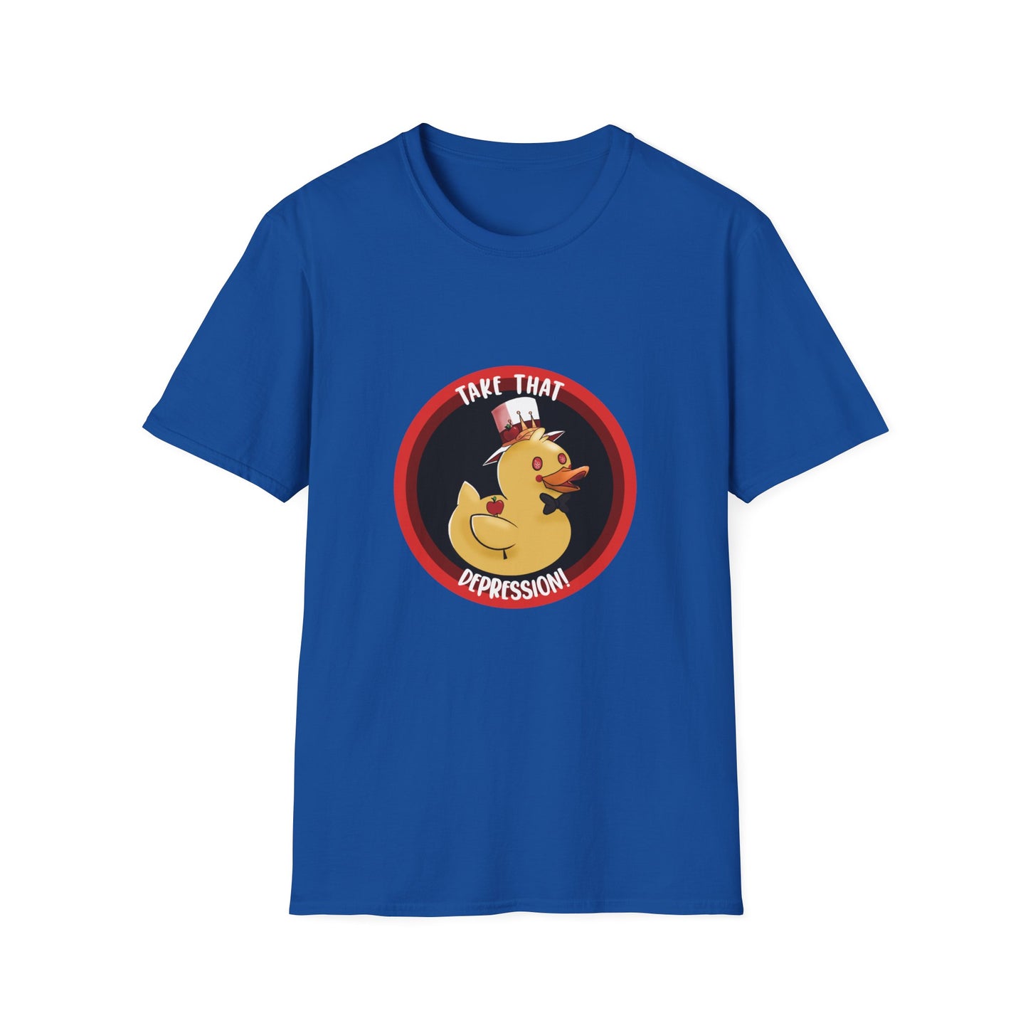 take that depression, Unisex Softstyle T-Shirt, duck, rubber duck, hotel, take that, parody, inside joke, nerdy, fancy duck
