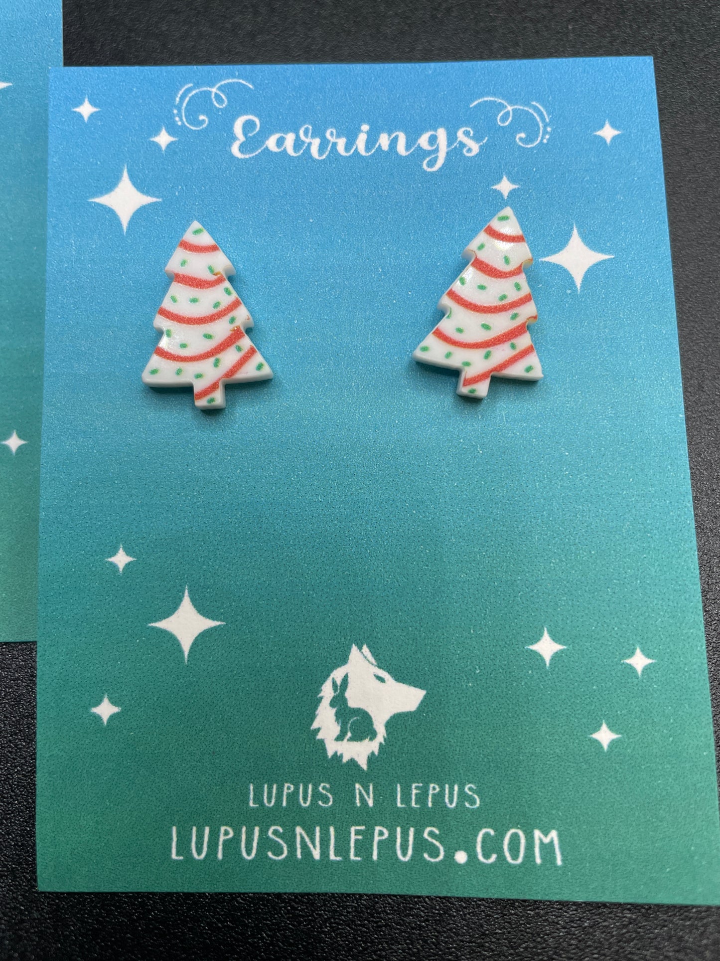Christmas tree earrings, christmas tree cake, little debie earrings, stud earrings, stud earring, hypoallergenic, handmade, nerdy, nerdy earrings, nerdy gift, cute earrings