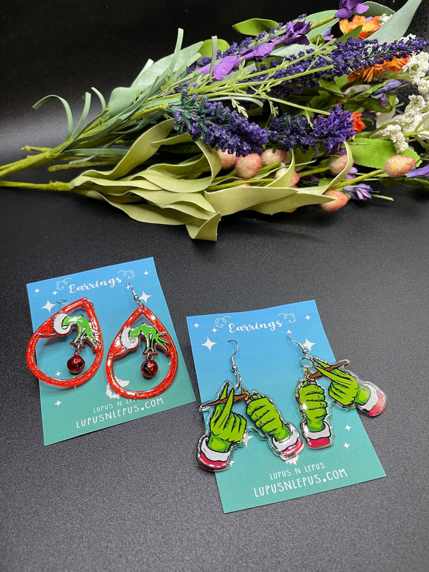 grinch hands, grinch earrings grinch hands earrings, jingle bell, cute earrings, holiday earrings