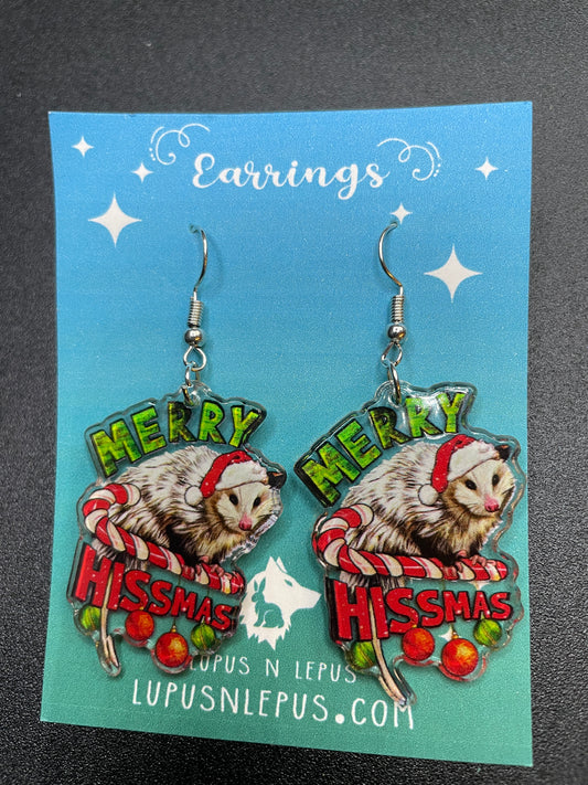 possum earrings, opossum earrings, xmas earrings, merry hissmas earrings