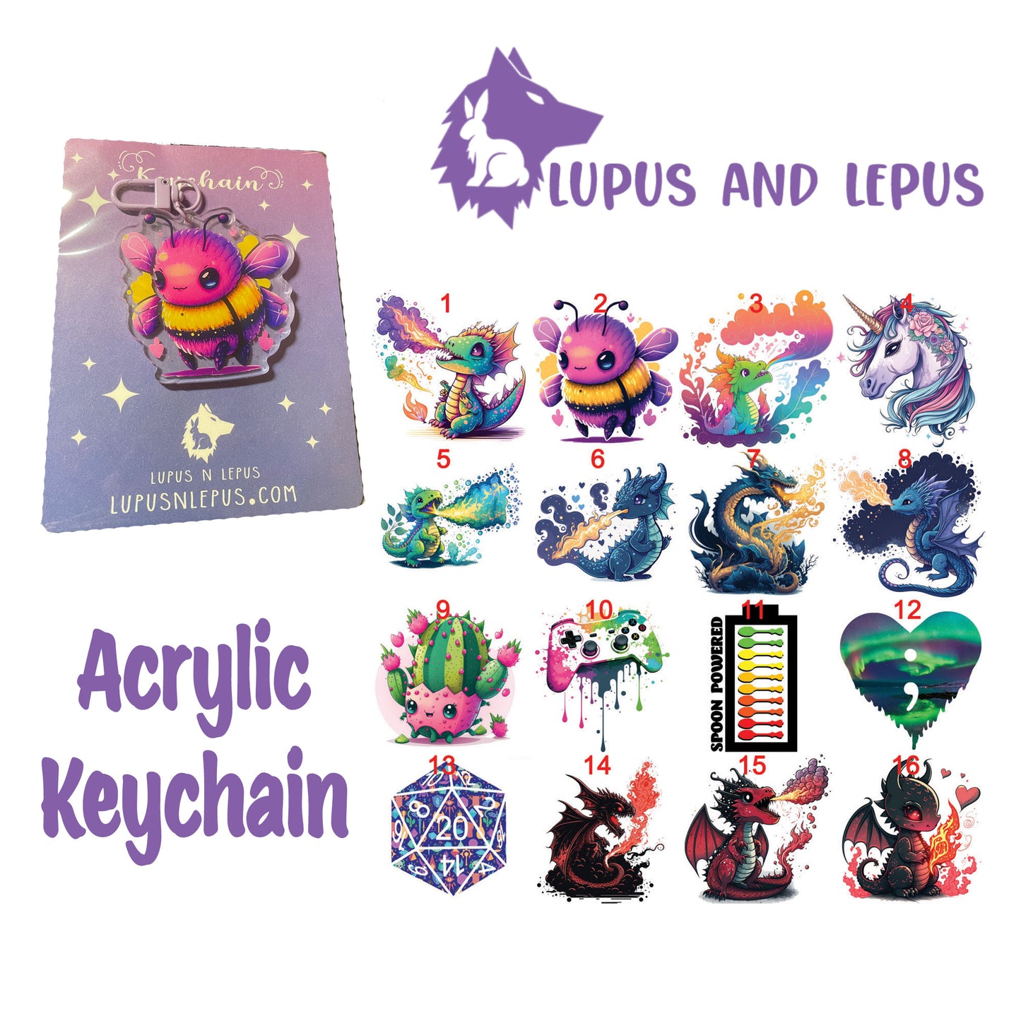 Acrylic Keychains 2 - My Art in the form of keychains, dragons, colorful, bunnies, faries, fairy, faery, magic, mythical, bear, giraffe, wearwolf, lizard, dinosaur,