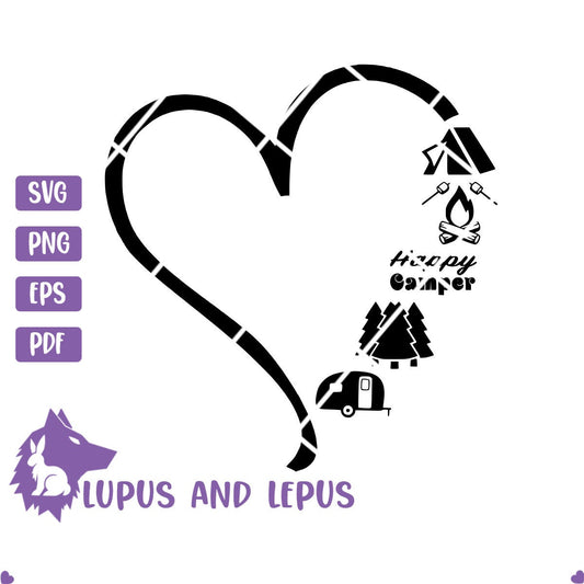 Digital File - Heart Happy Camper, camping, hike, hiking, outdoors, woods, Cut file for Cricut. Clip Art (eps, svg, pdf, png, jpeg)