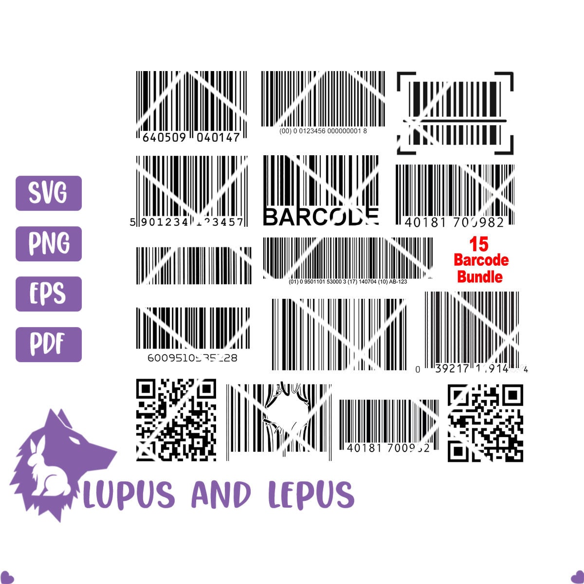 Digital File - 15 Barcodes, barcodes silhouette, printable bar codes, vector barcodes, code script, barcode svg, (eps, svg, pdf, png, jpeg)