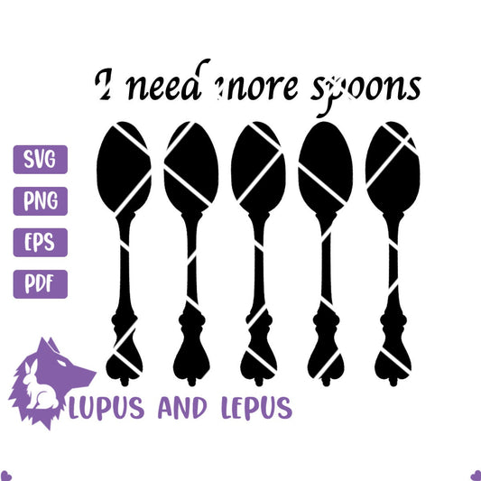 DIGITAL FILE- I need more spoons, spoons svg, chronic illness, spoon theory svg, fibromyalgia, rheumatoid arthritis, invisible illness