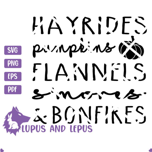 Digital File - hayrides svg, flannels svg, bonfires svg, fall text svg, fall text art, fall svg, halloween svg, autumn svg, pumpkin svg