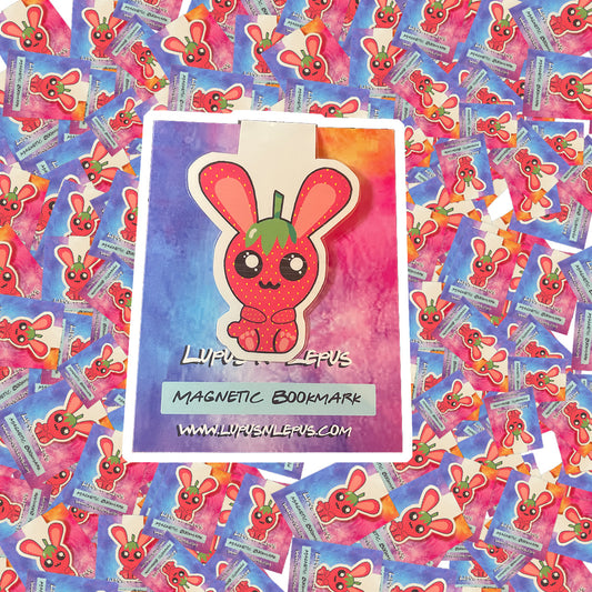 MAGNETIC BOOKMARK - strawberry bunny bookmark, strawberry bunny, strawberry, bunny, rabbit, reading, bookmark, read, study, place holder, back to school, library, summer reading, kawaii, kawaii bunny