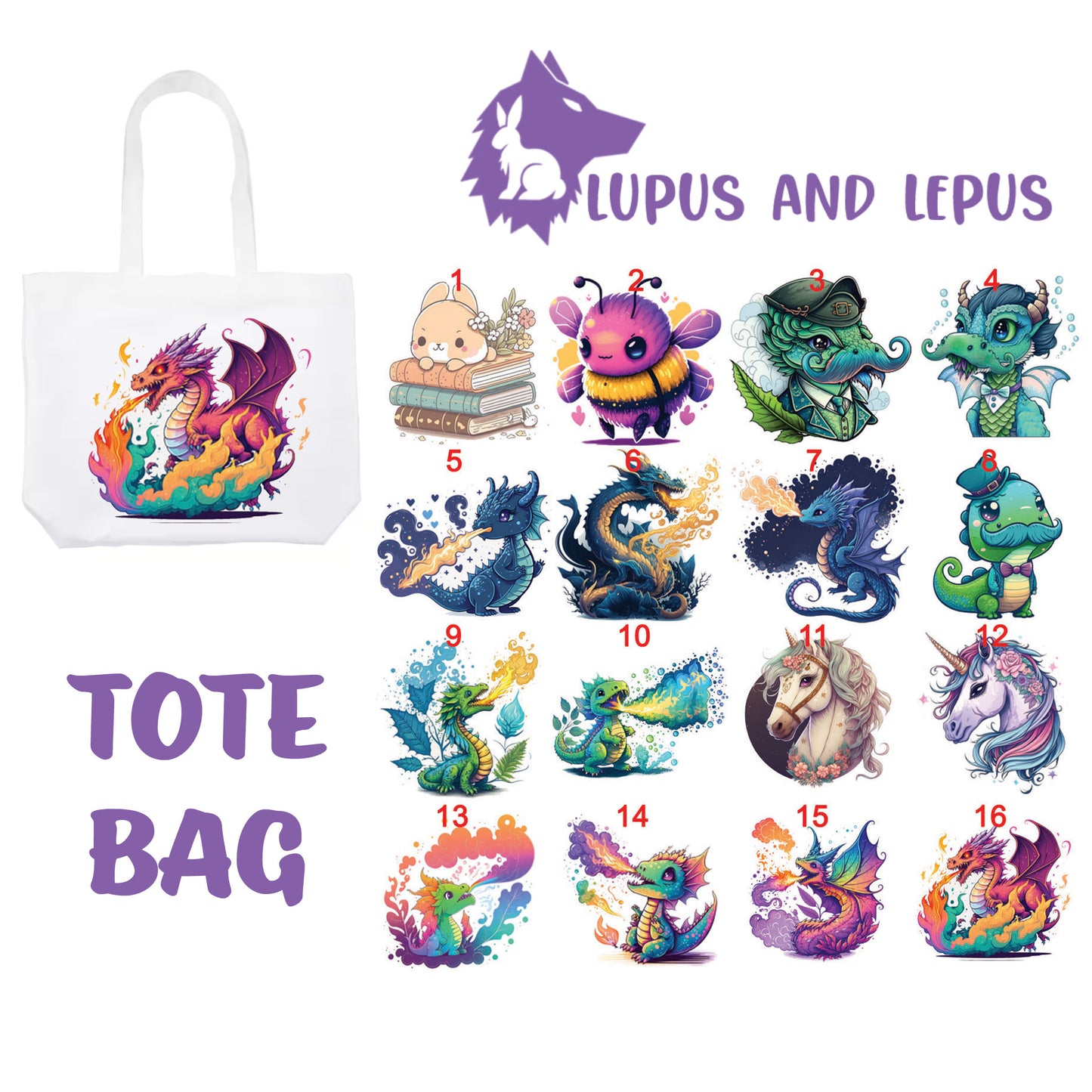 TOTE BAG 4 - My Art tote bag, dragons, colorful, bunnies, bee, dragon, dragon bag, dice, d20, dungeon, unicorn