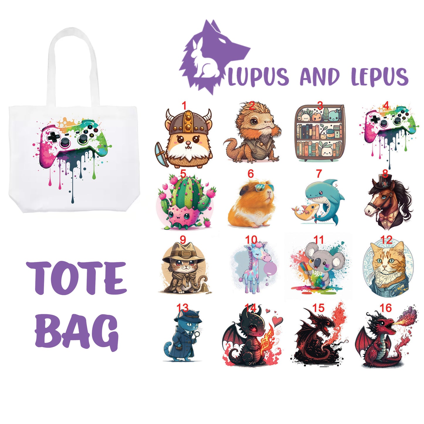 TOTE BAG 5 - My Art tote bag, dragons, colorful, fairy, lizzard, hamster, guinea pig, gamer, game controller, book shelf, horse, pony