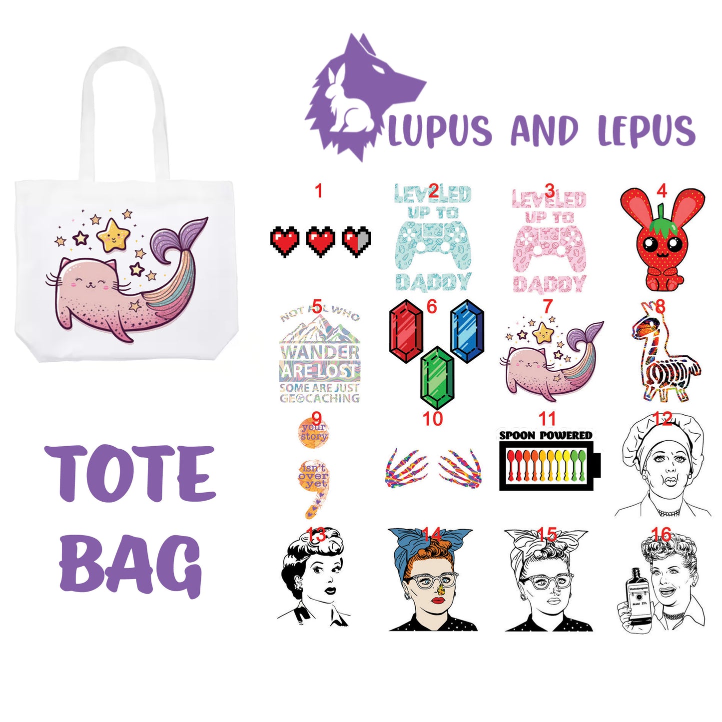 TOTE BAG 6 - My Art tote bag, dragons, colorful, bunnies, lucy, I love lucy, gamer, gamer dad, leveled up to daddy, rupee, gem, semi colon, zelda, mermaid cag