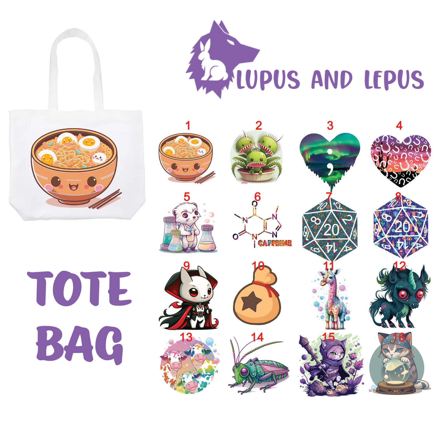 TOTE BAG 7 - My Art tote bag, dragons, colorful, bunnies, vampire, ramen, semi colon, d20, dice, dungeon, nerdy, gamer, bells bag, mage, cat, mage cat, cat mage